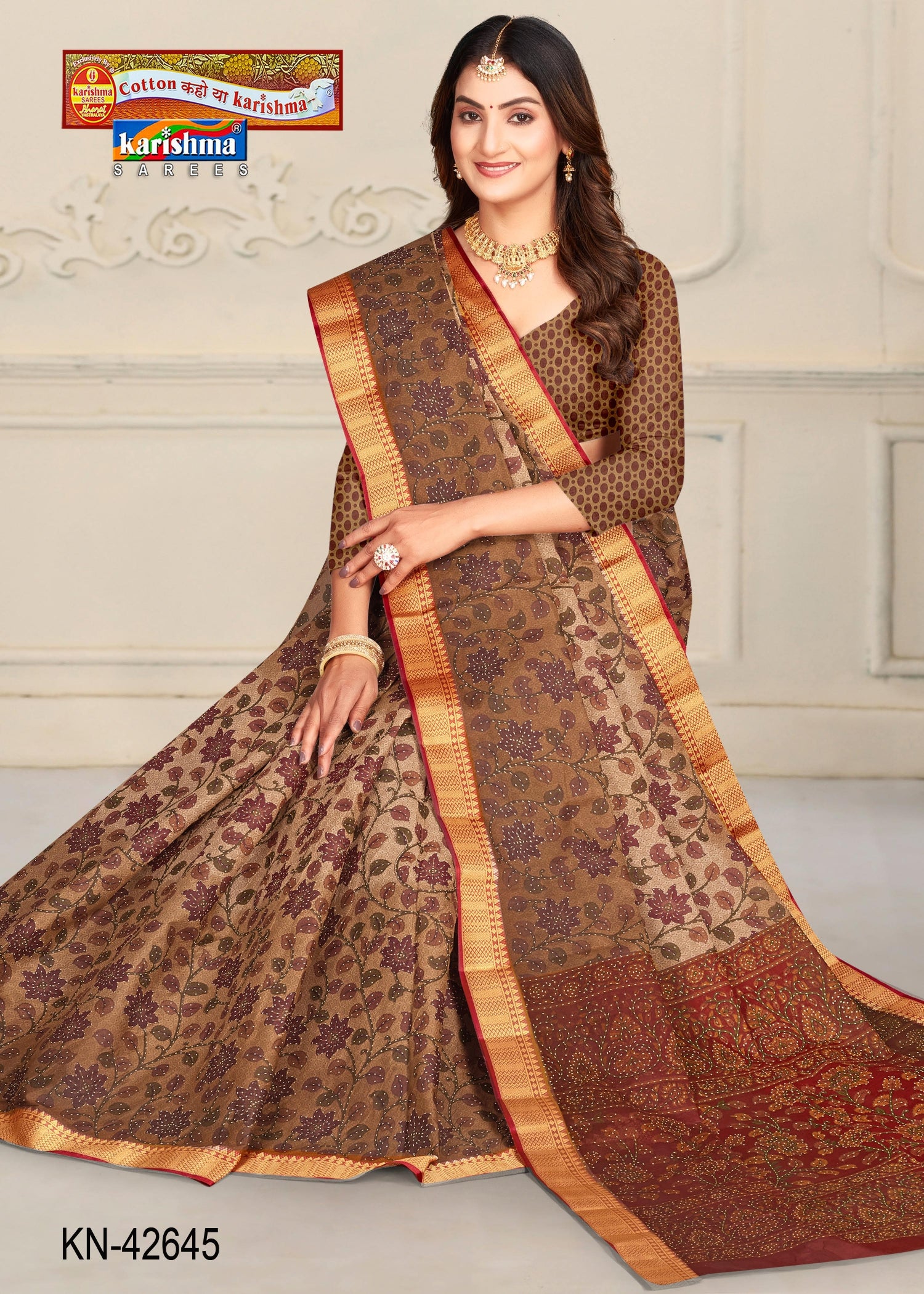 Beige Floral Print Pure Cotton (Medium Soft) Mulmul Saree With Small Red Border