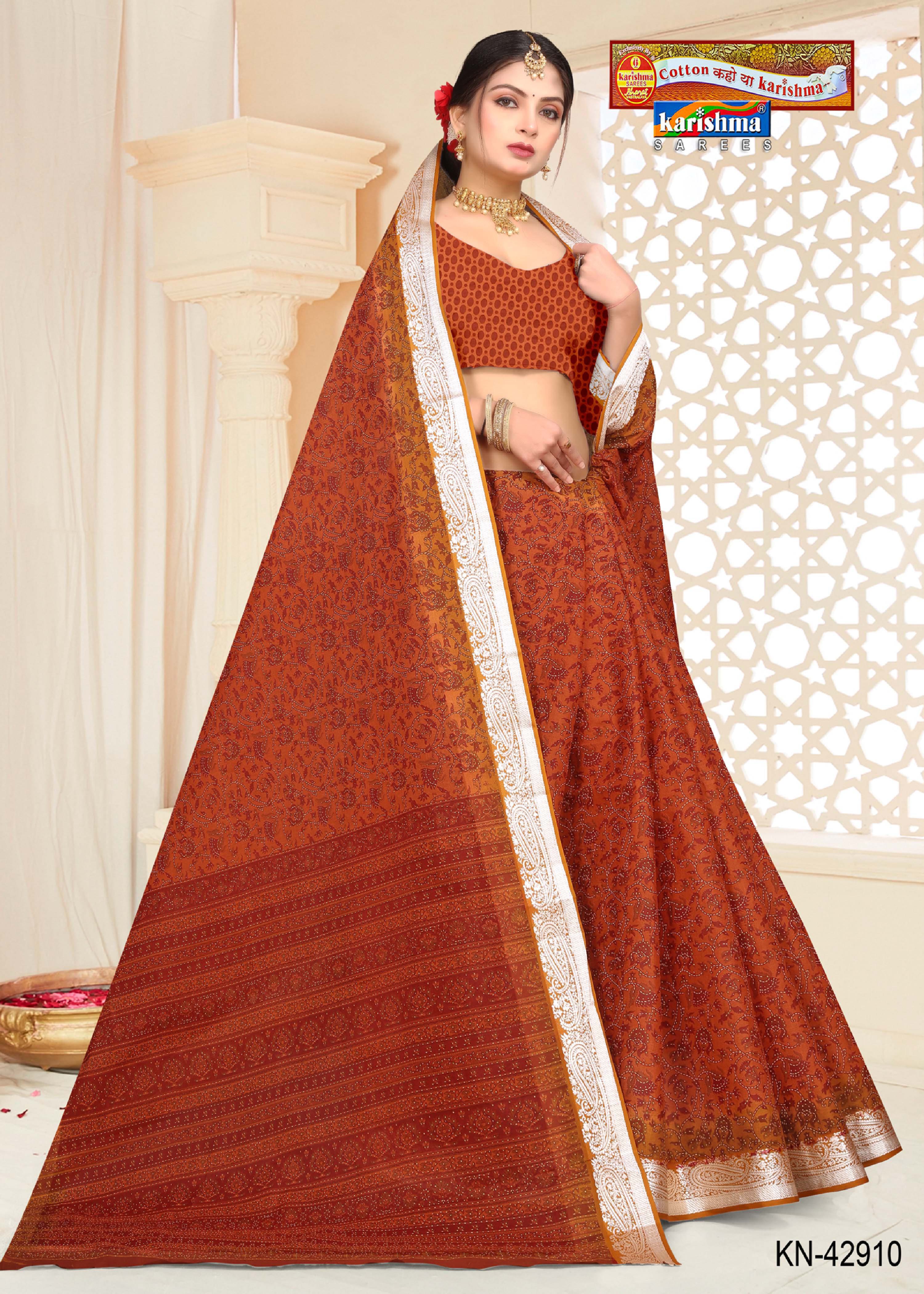 Rust Orange Pure Cotton Malai (Soft) Saree With Floral Print Allover And Silver Figure Border