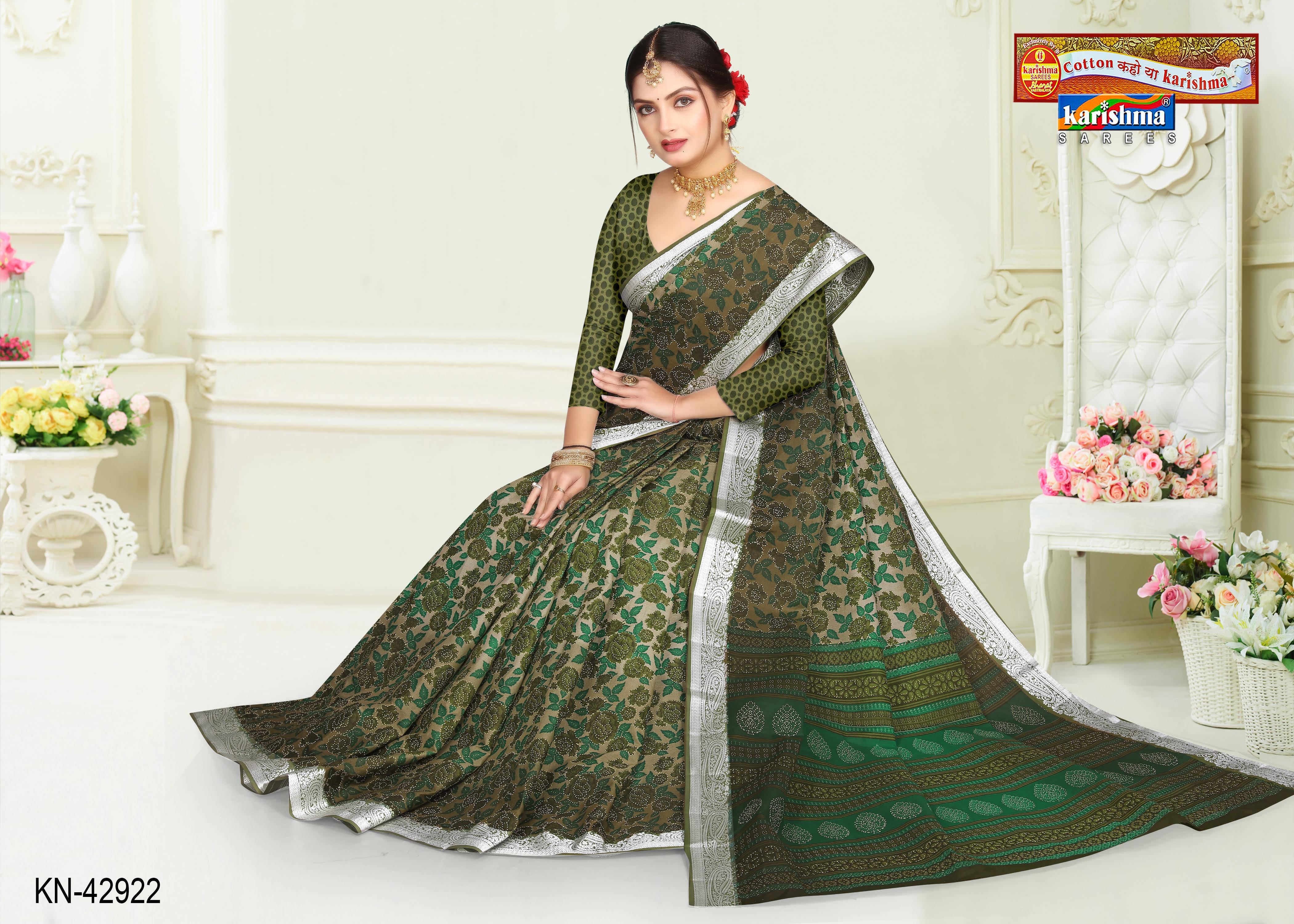 Olive Pure Cotton (Medium Soft) Mulmul Saree With Floral Print