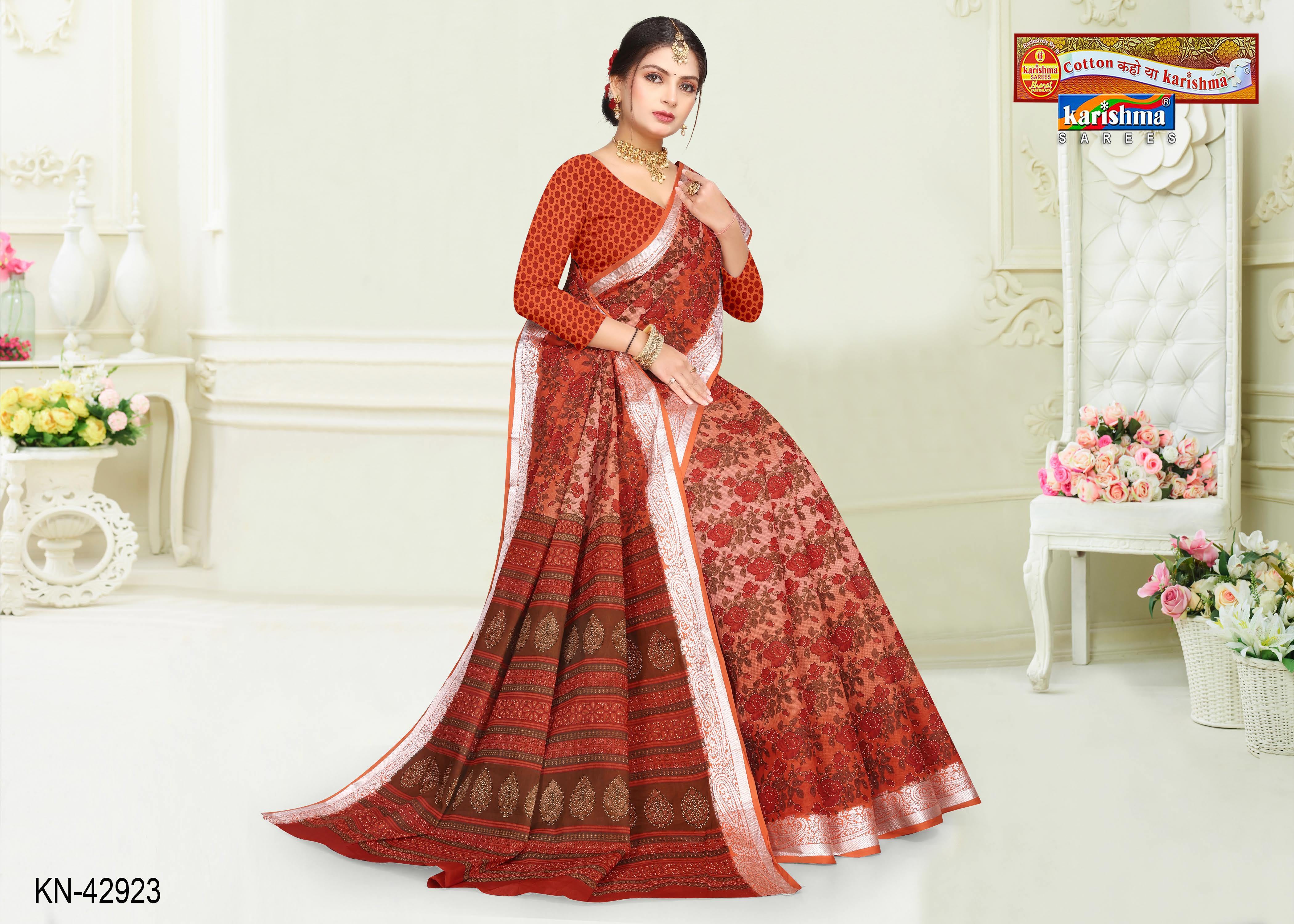 Orange Pure Cotton (Medium Soft) Mulmul Saree With Floral Print