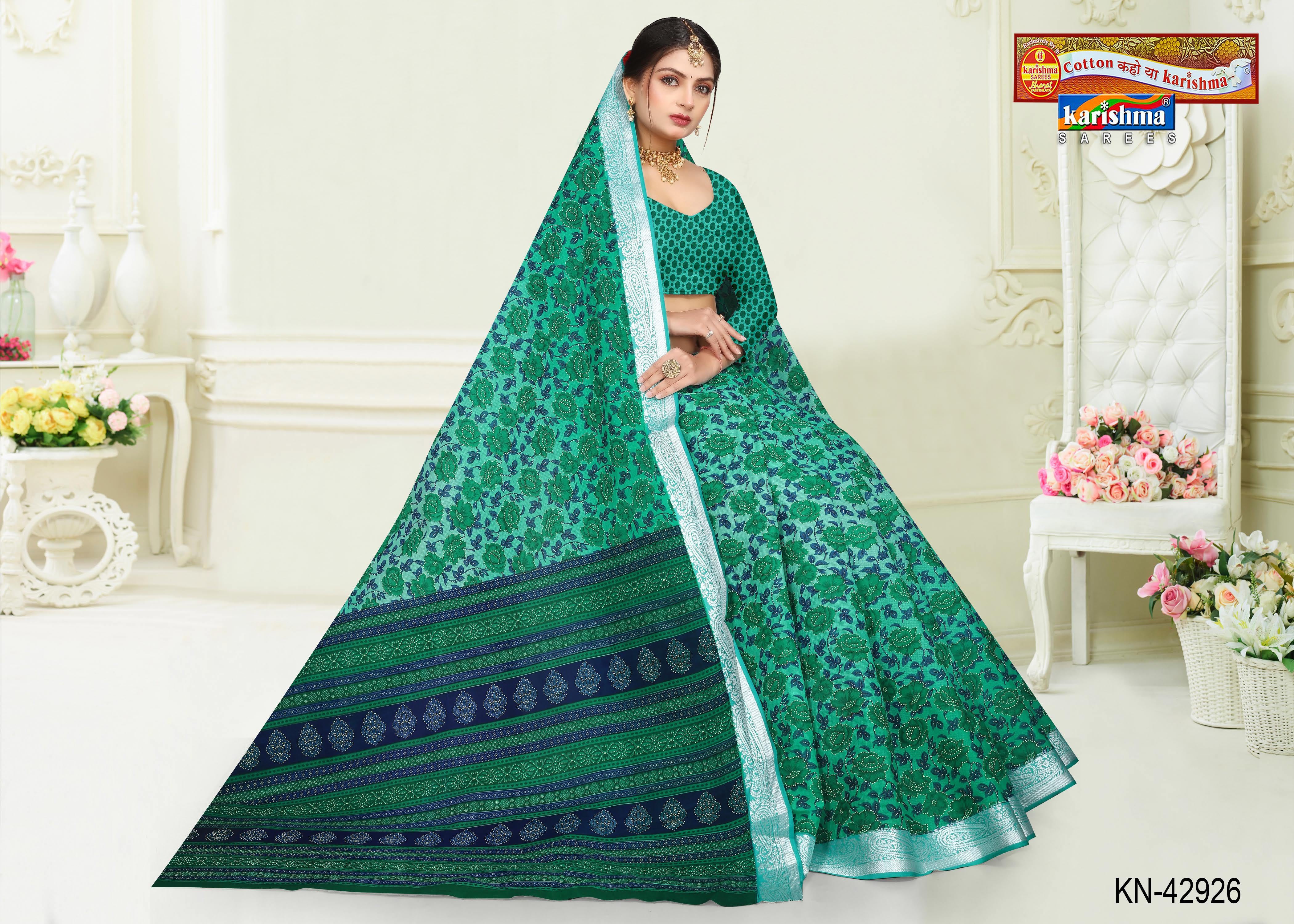 Green Pure Cotton (Medium Soft) Mulmul Saree With Floral Print