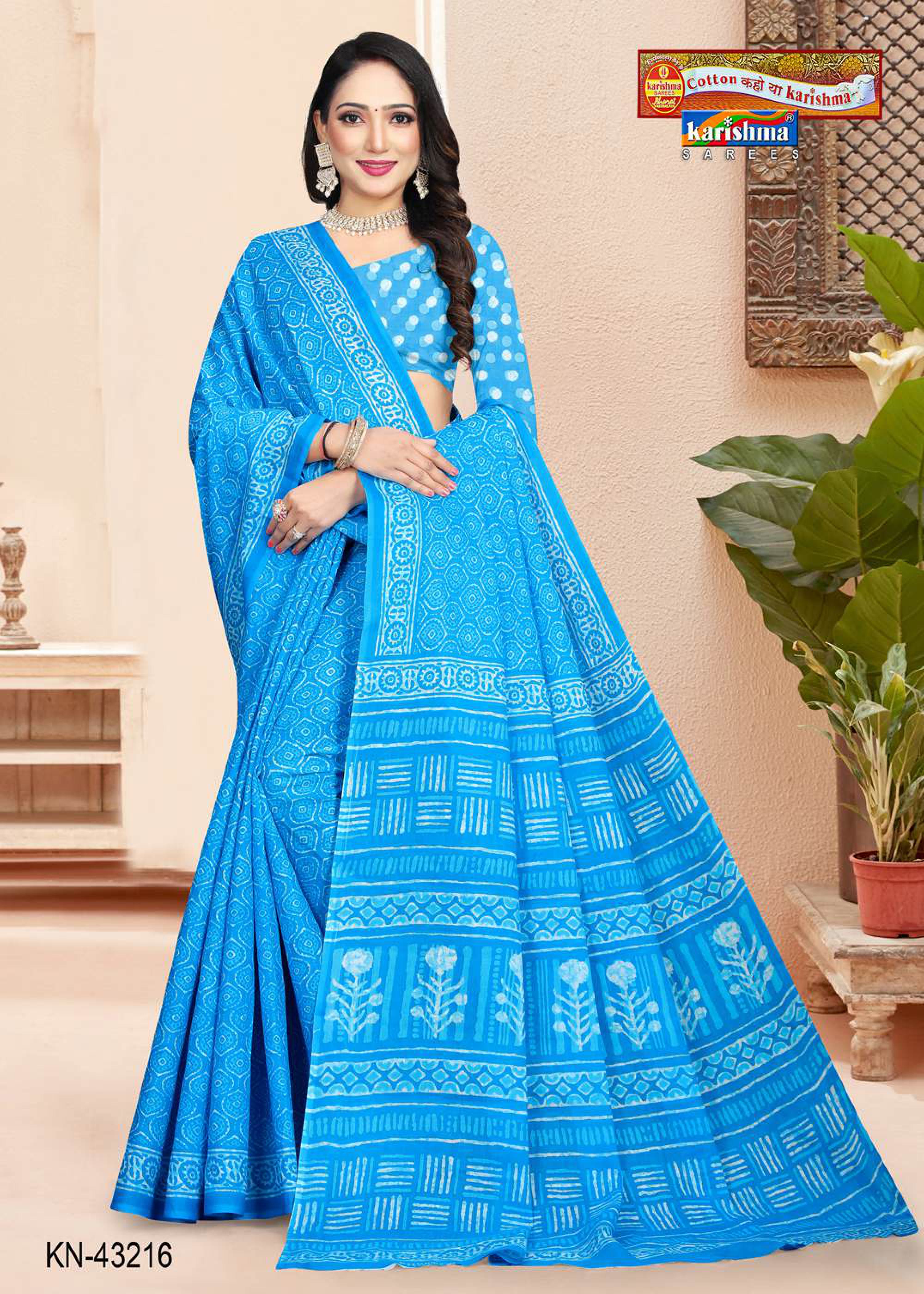 Blue Hand Batik Design Printed Pure Soft Cotton Saree