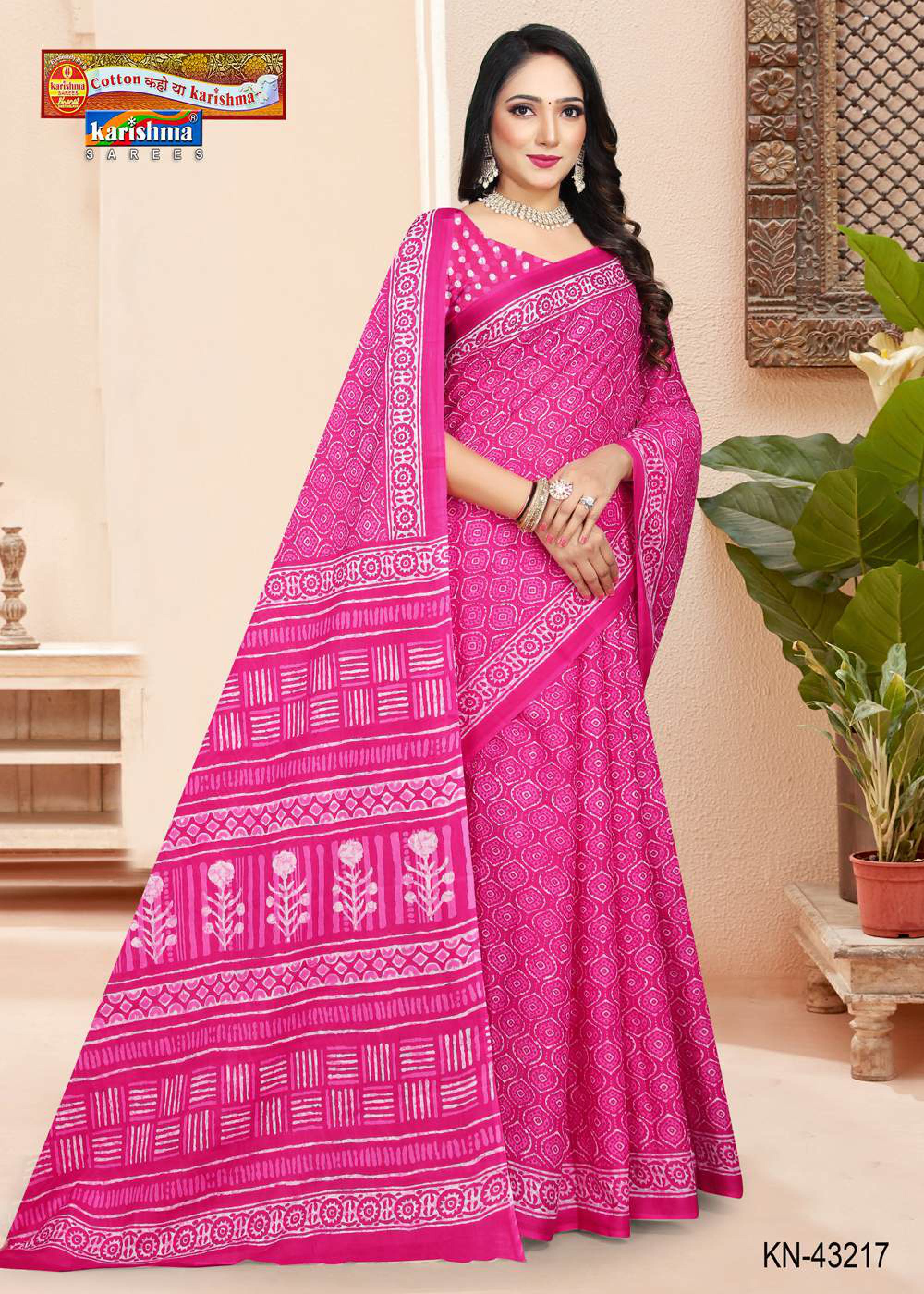 Pink Hand Batik Design Printed Pure Soft Cotton Saree