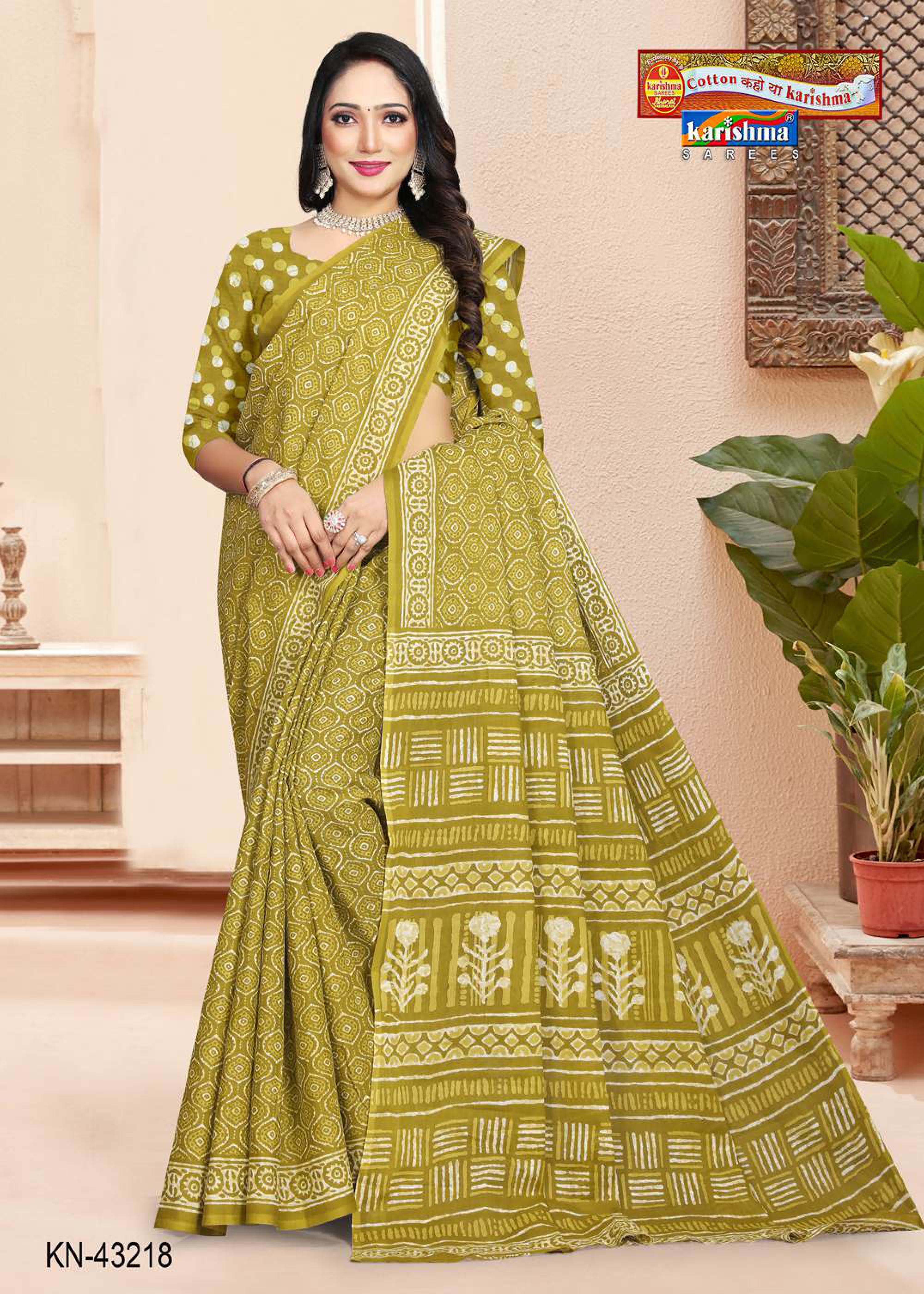 Olive Hand Batik Design Printed Pure Soft Cotton Saree