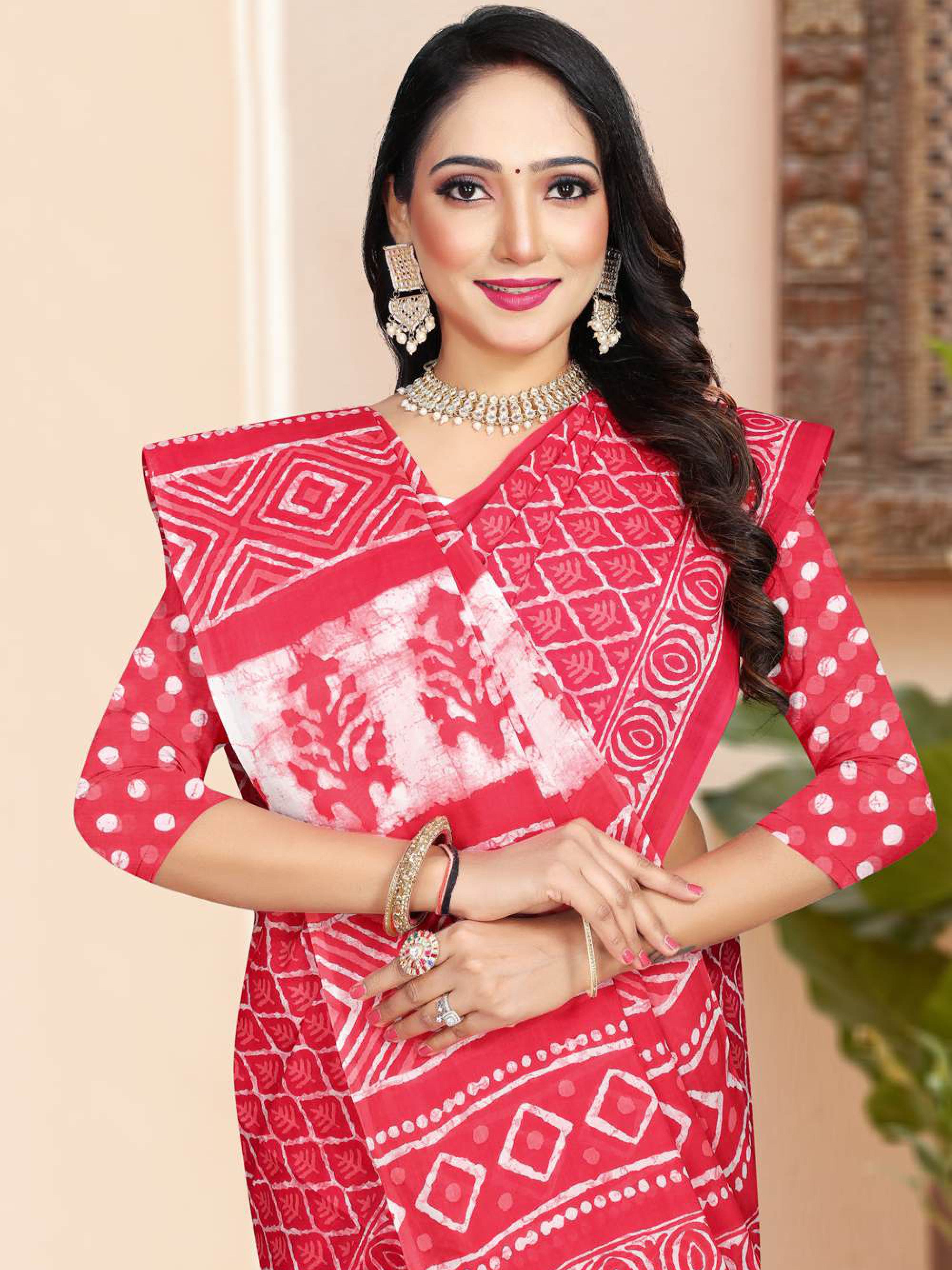 Red Hand Batik Design Printed Pure Soft Cotton Saree