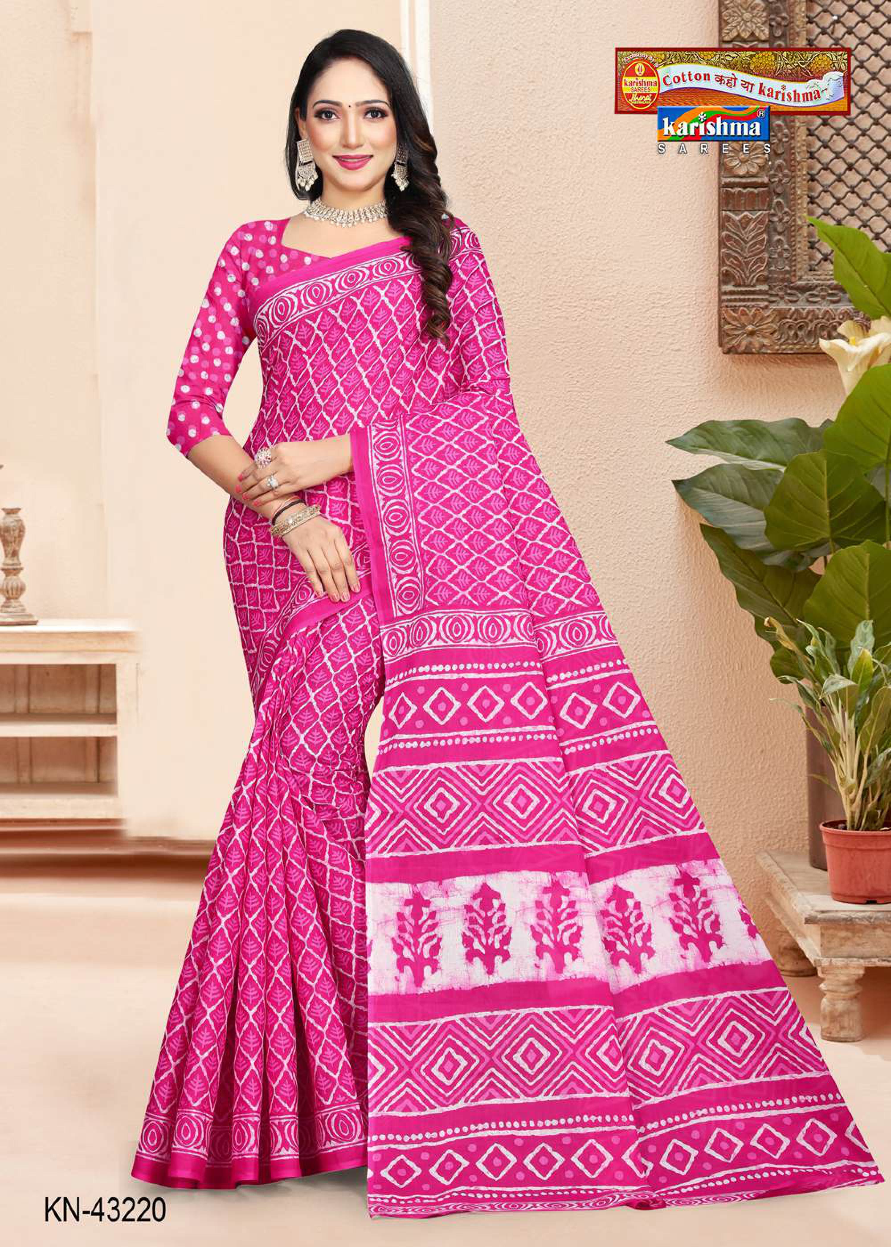 Pink Hand Batik Design Printed Pure Soft Cotton Saree