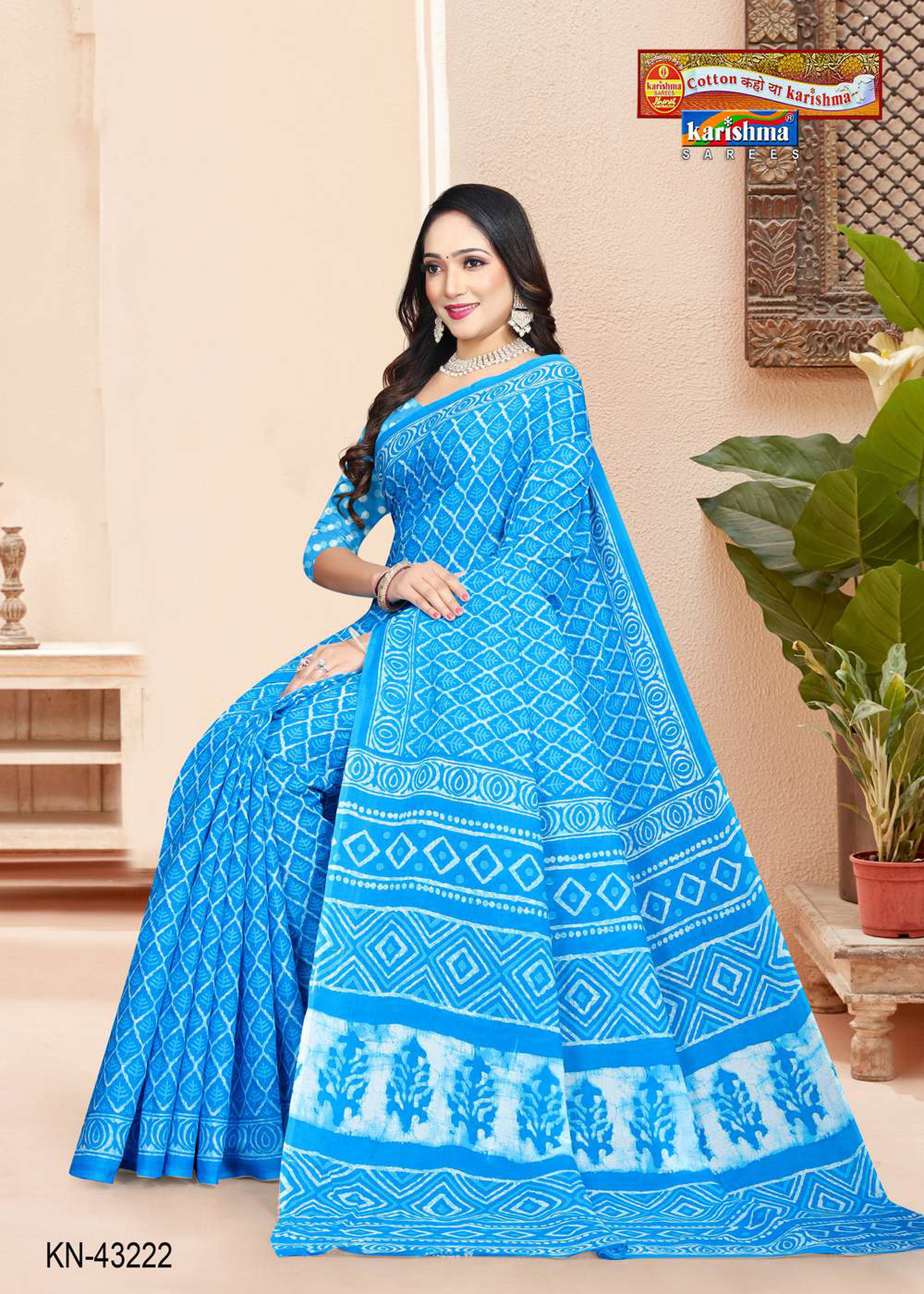 Blue Hand Batik Design Printed Pure Soft Cotton Saree