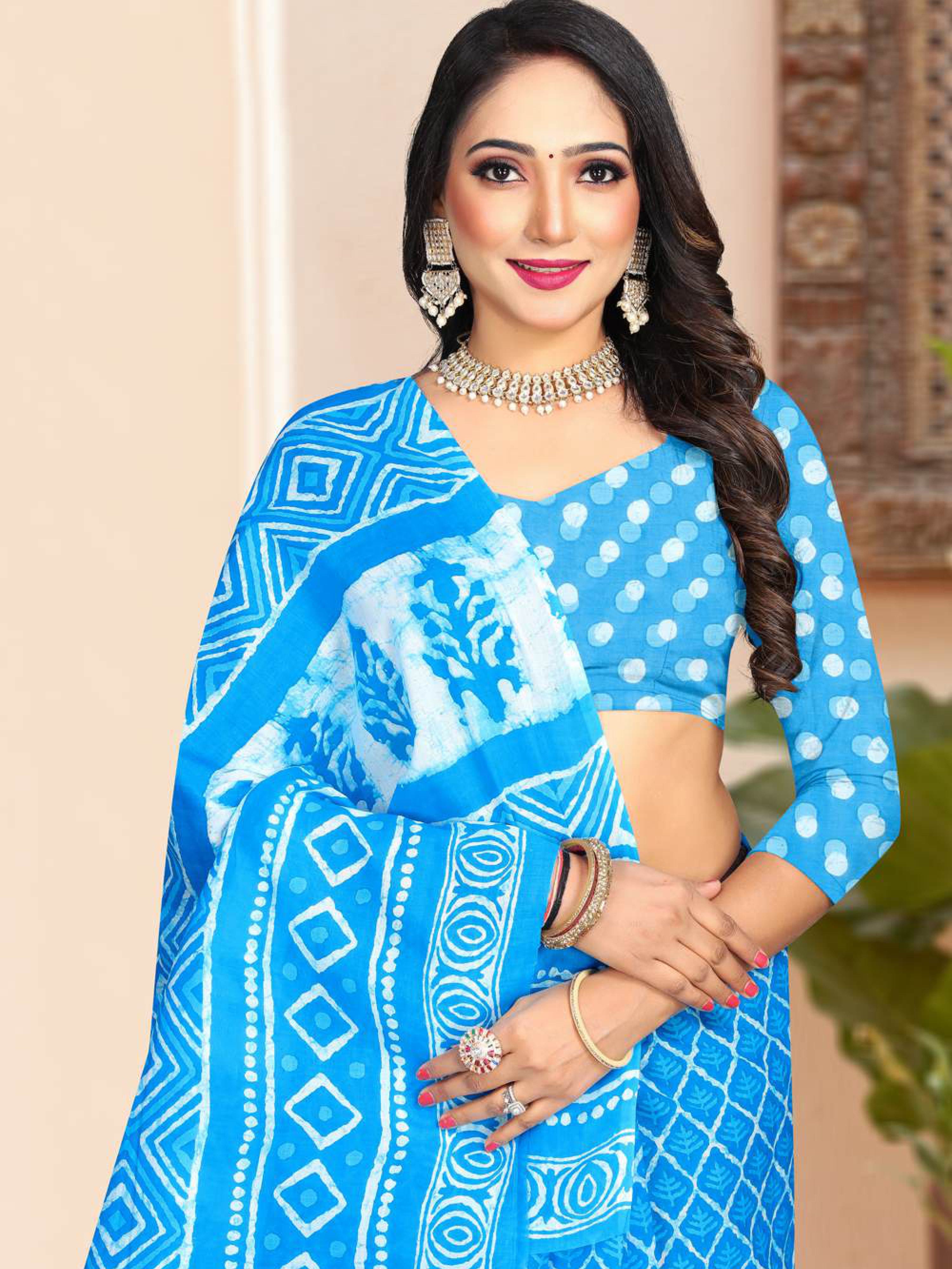 Blue Hand Batik Design Printed Pure Soft Cotton Saree