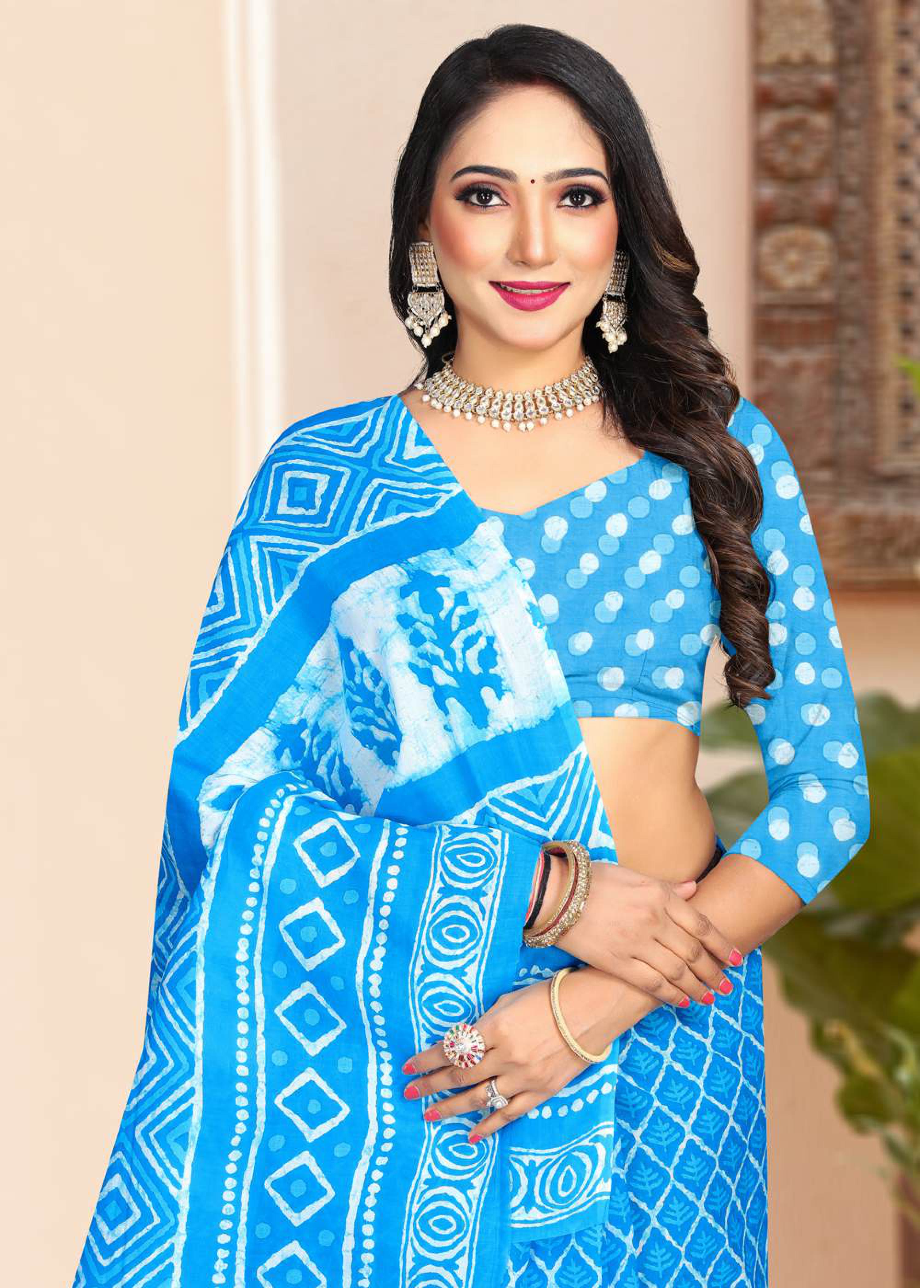 Blue Hand Batik Design Printed Pure Soft Cotton Saree