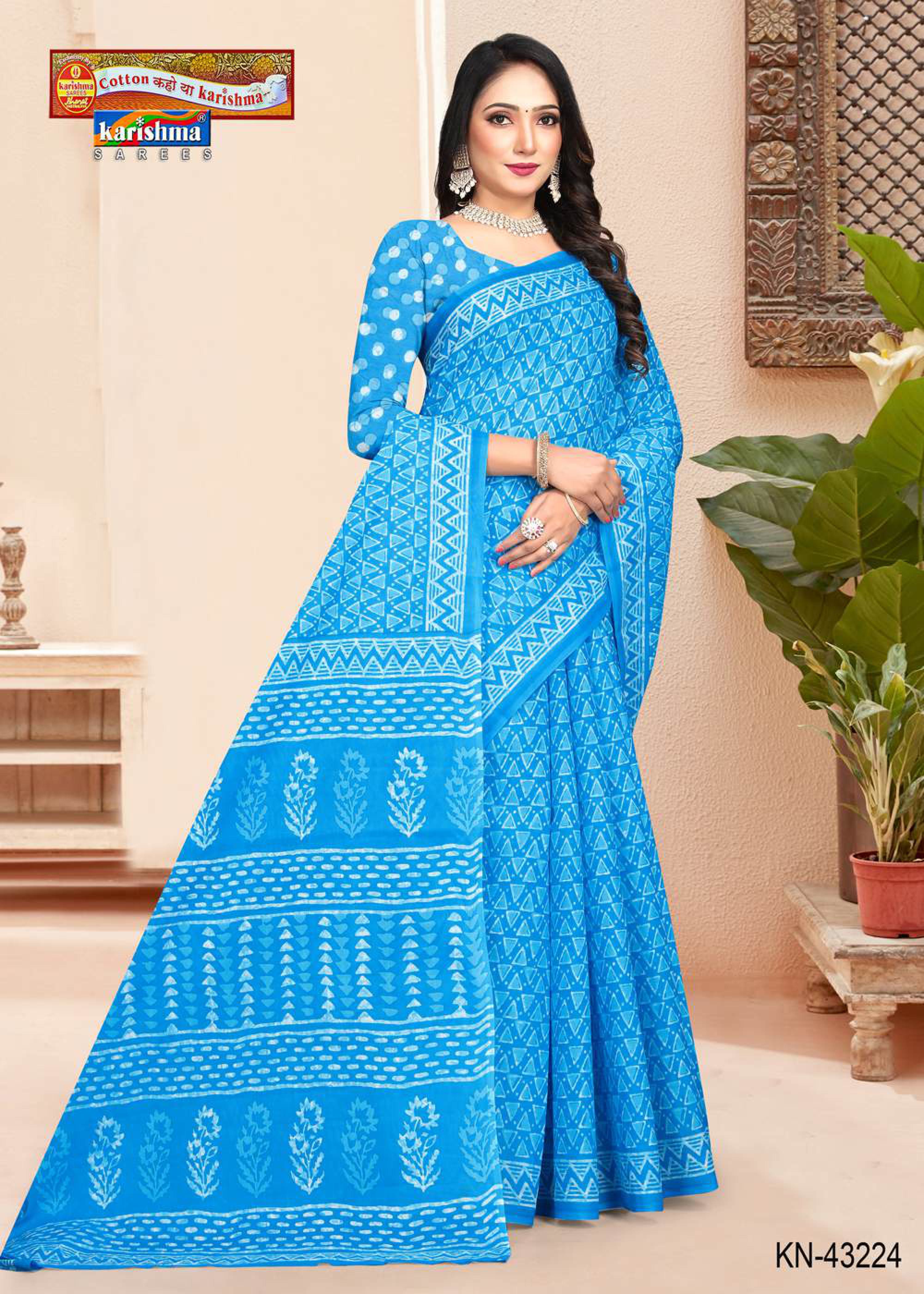 Blue Hand Batik Design Printed Pure Soft Cotton Saree