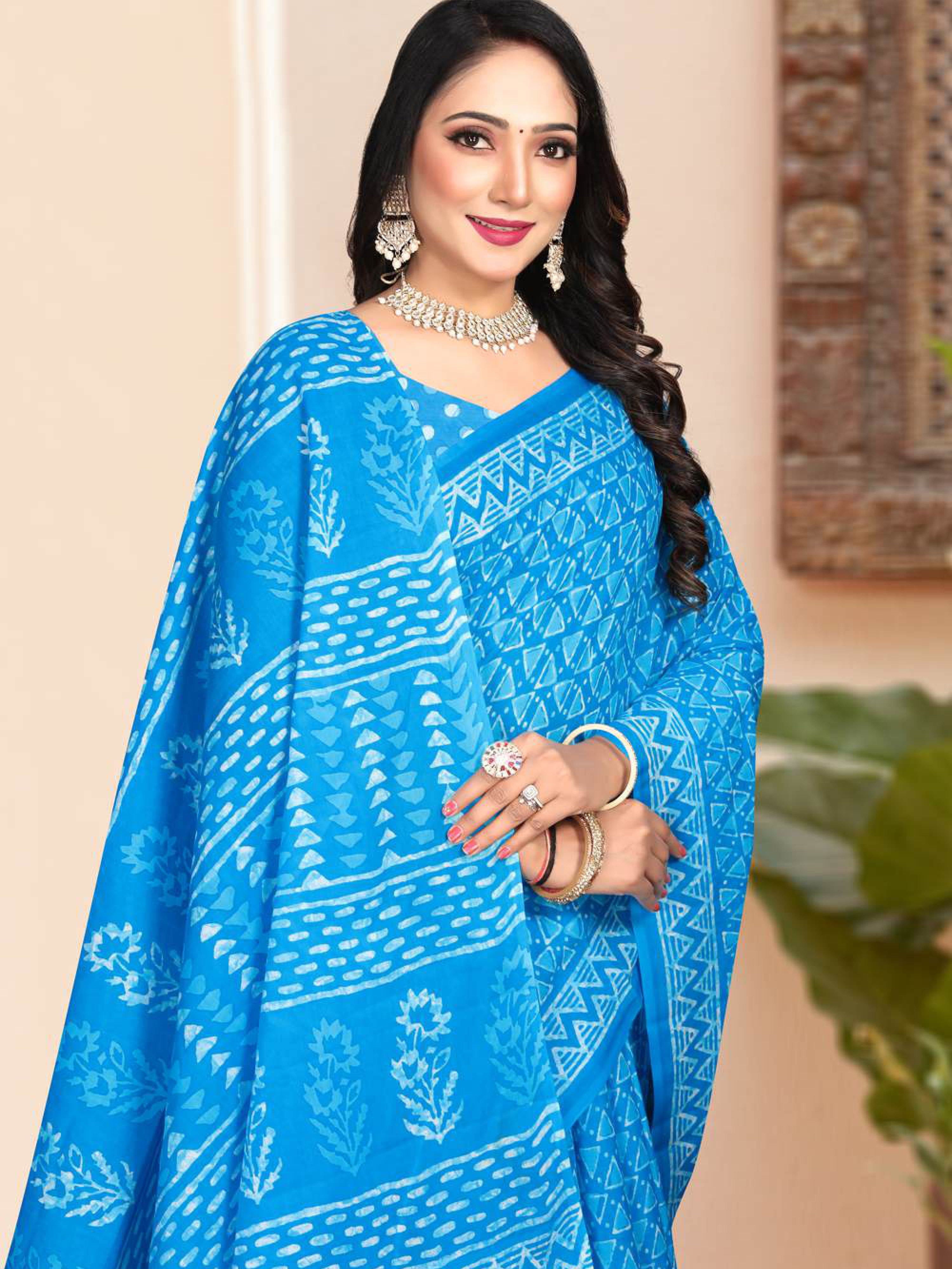 Blue Hand Batik Design Printed Pure Soft Cotton Saree