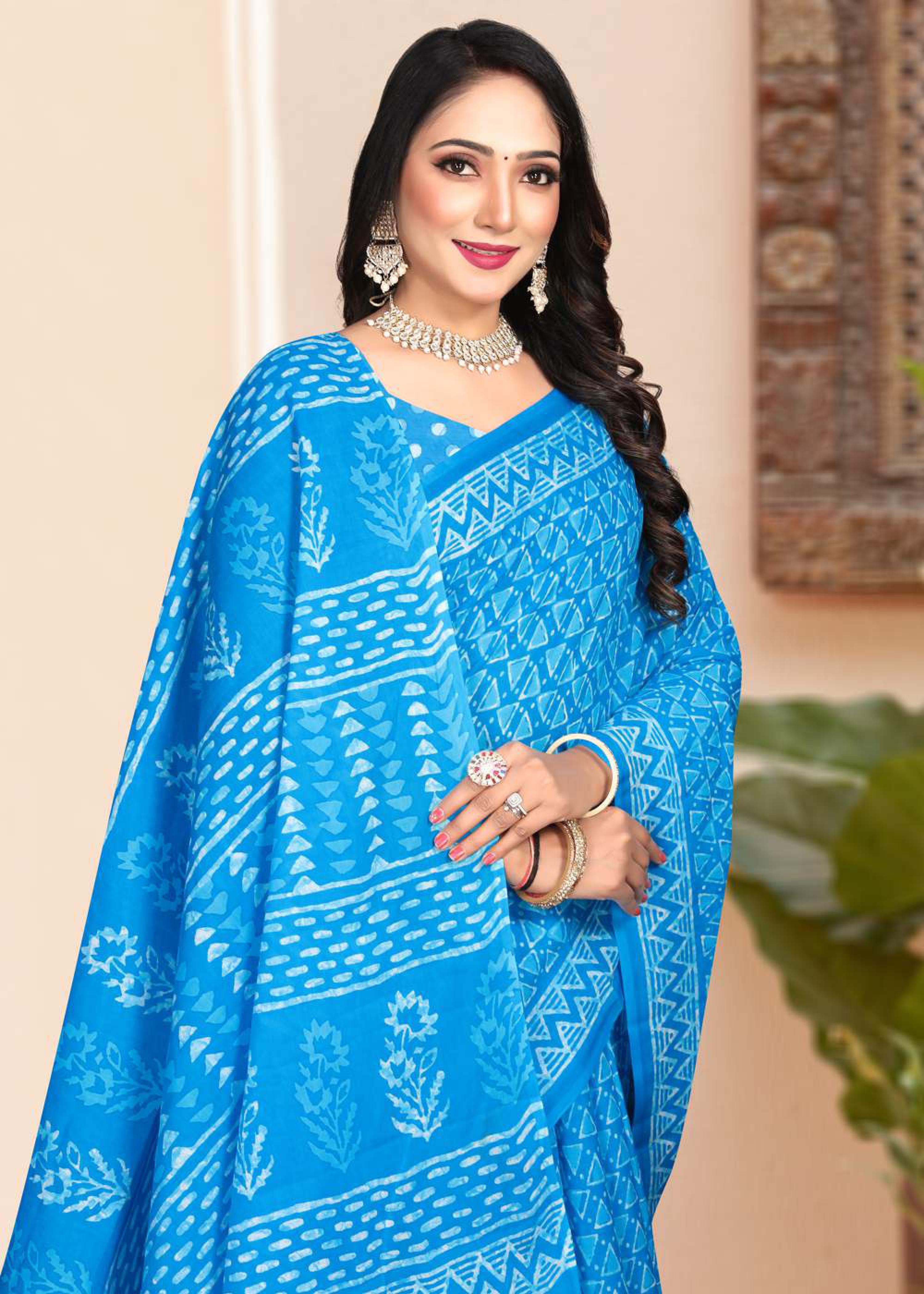 Blue Hand Batik Design Printed Pure Soft Cotton Saree