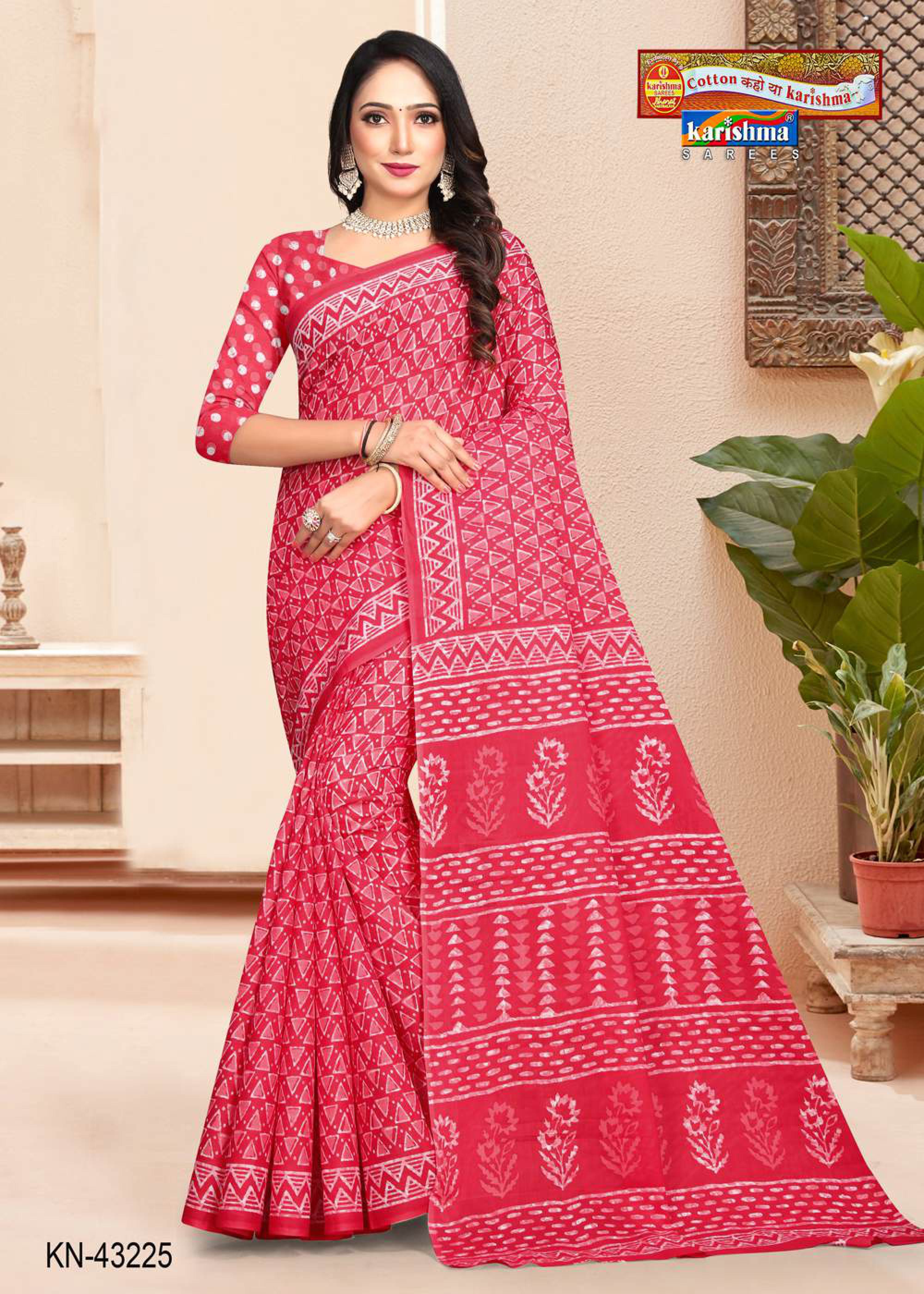 Red Hand Batik Design Printed Pure Soft Cotton Saree