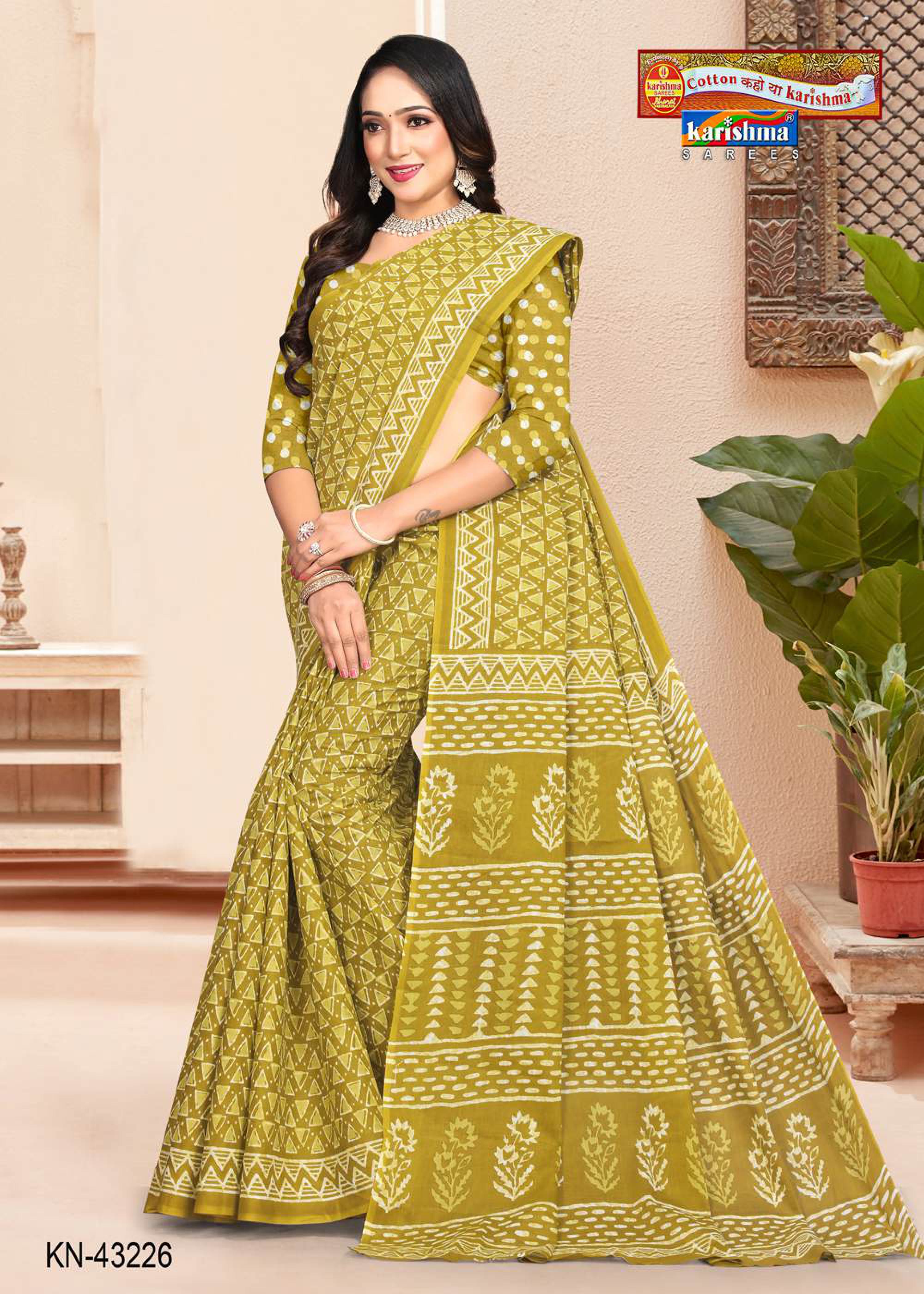 Olive Hand Batik Design Printed Pure Soft Cotton Saree