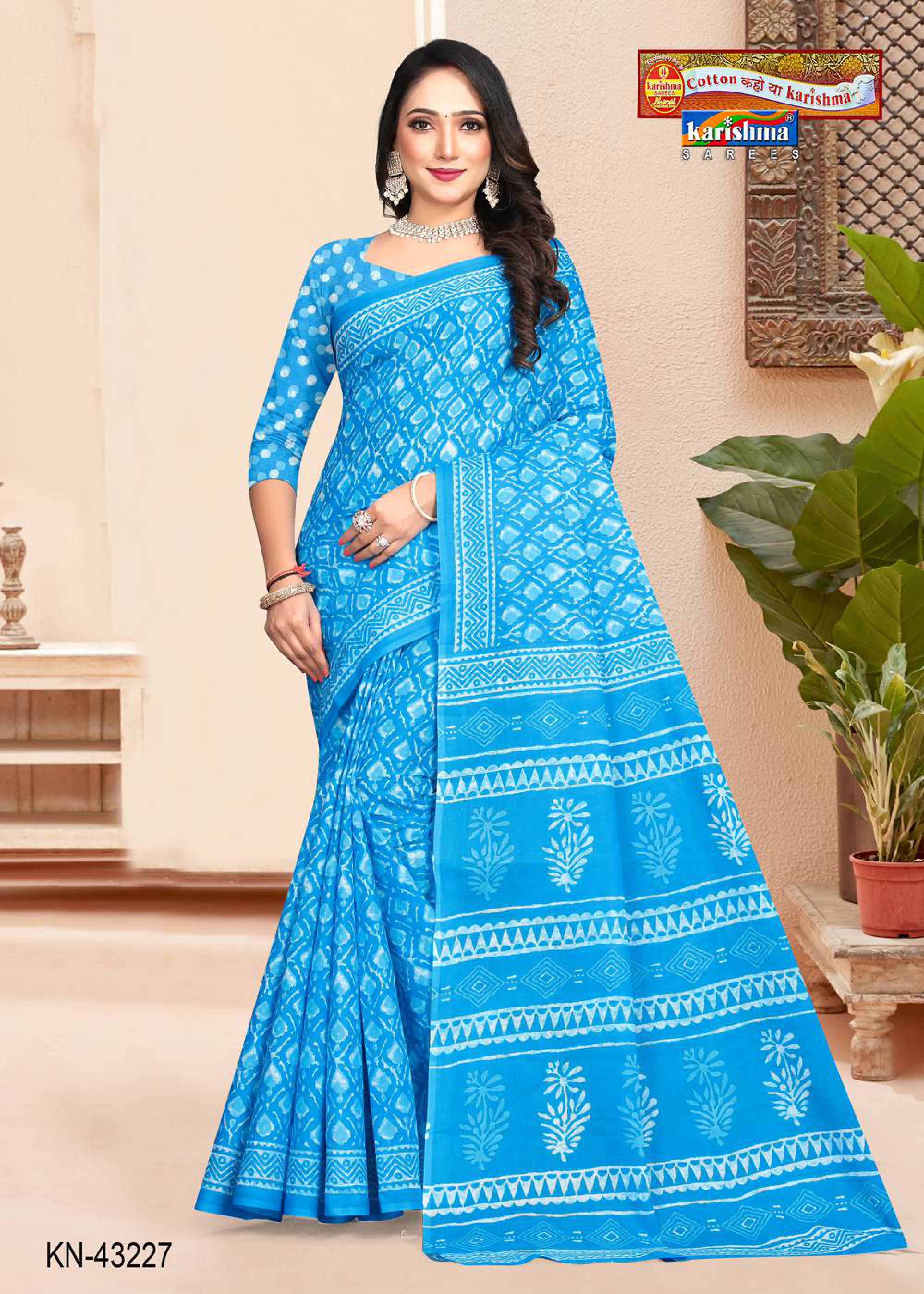 Blue Hand Batik Design Printed Pure Soft Cotton Saree