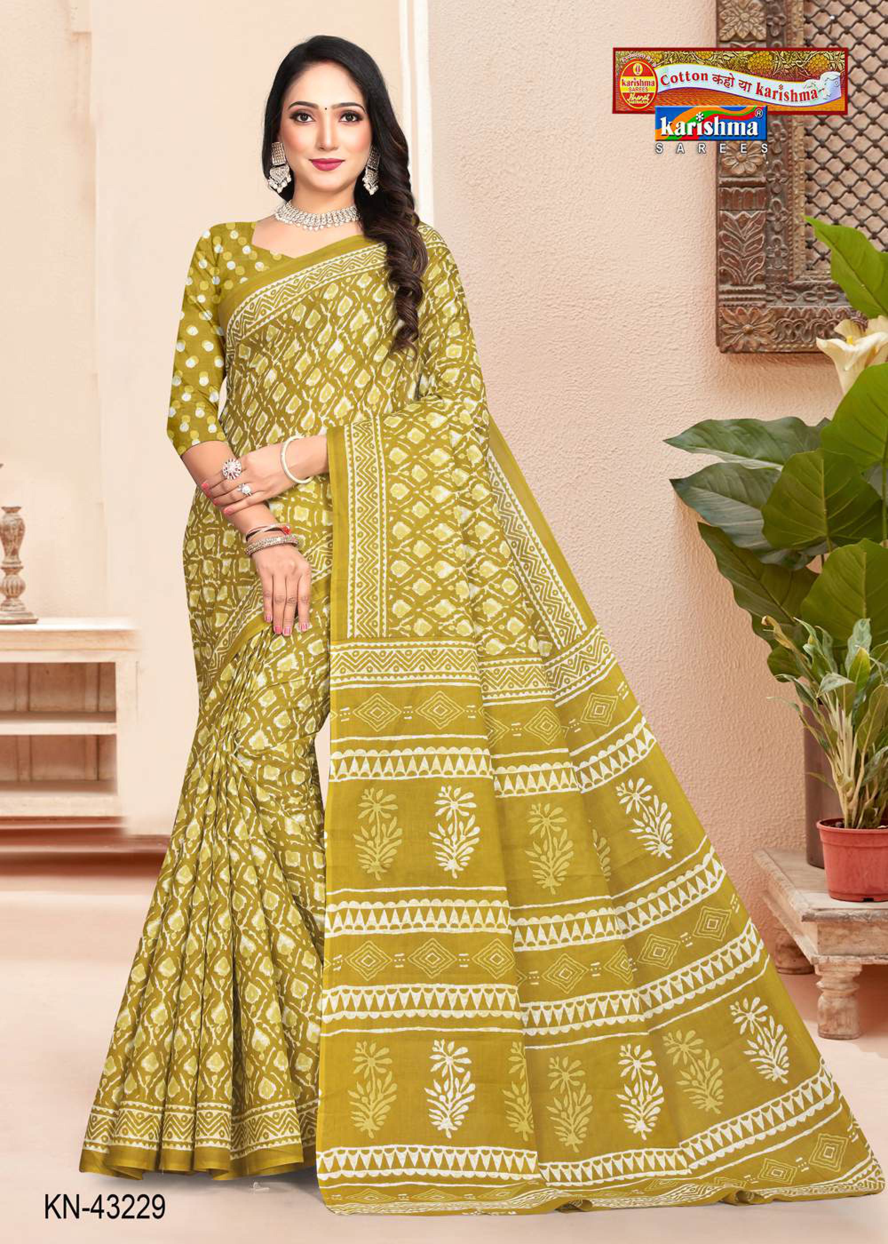 Olive Hand Batik Design Printed Pure Soft Cotton Saree