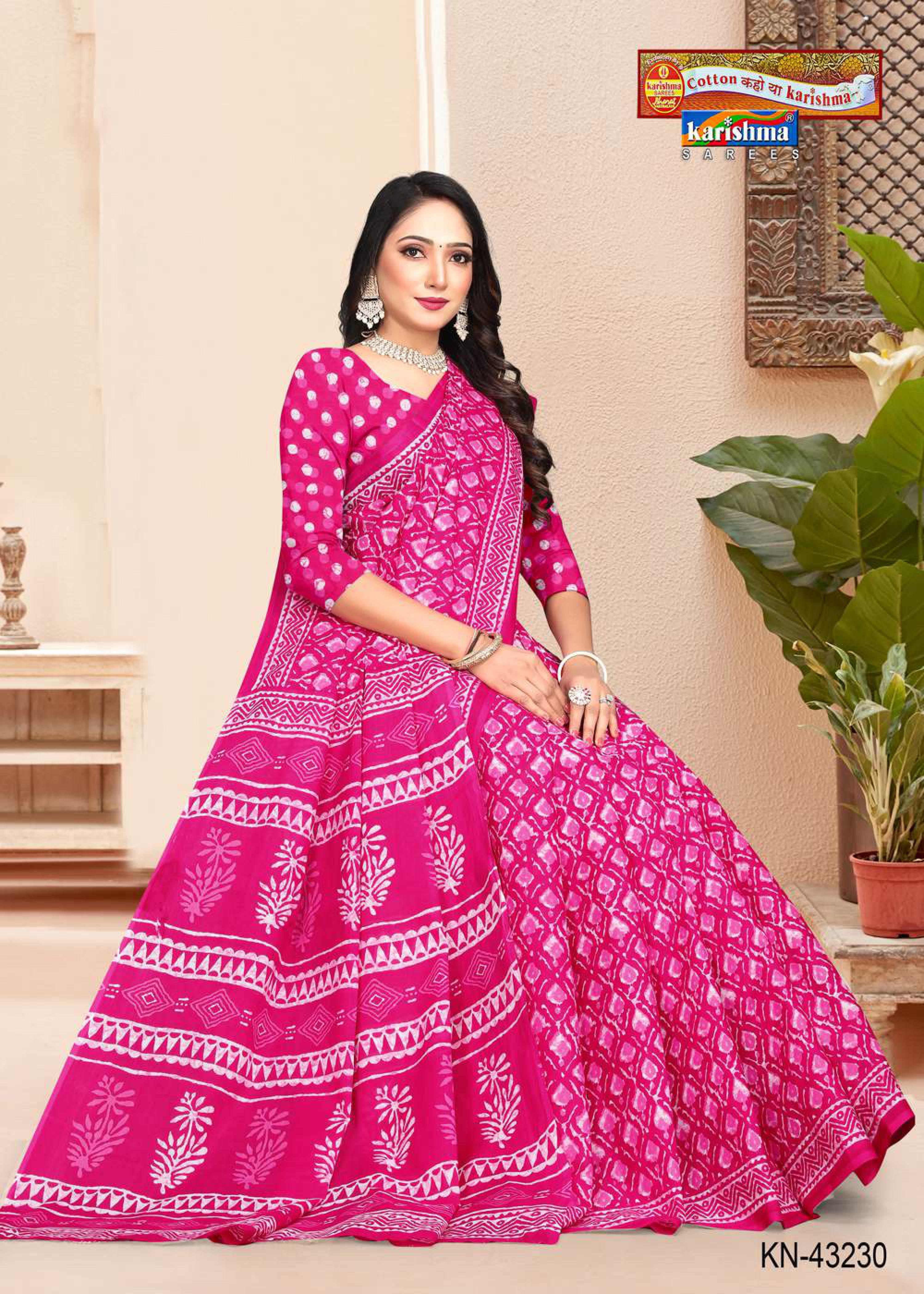 Pink Hand Batik Design Printed Pure Soft Cotton Saree