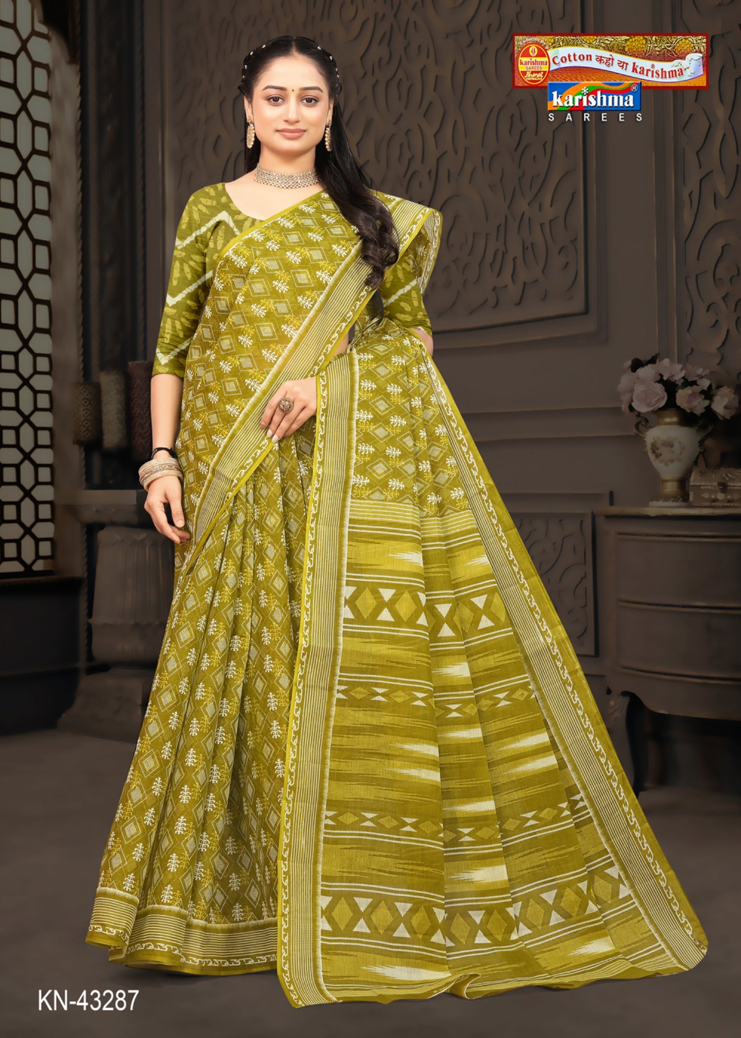 Olive Everyday Wear Handloom Style Printed Pure Cotton Saree