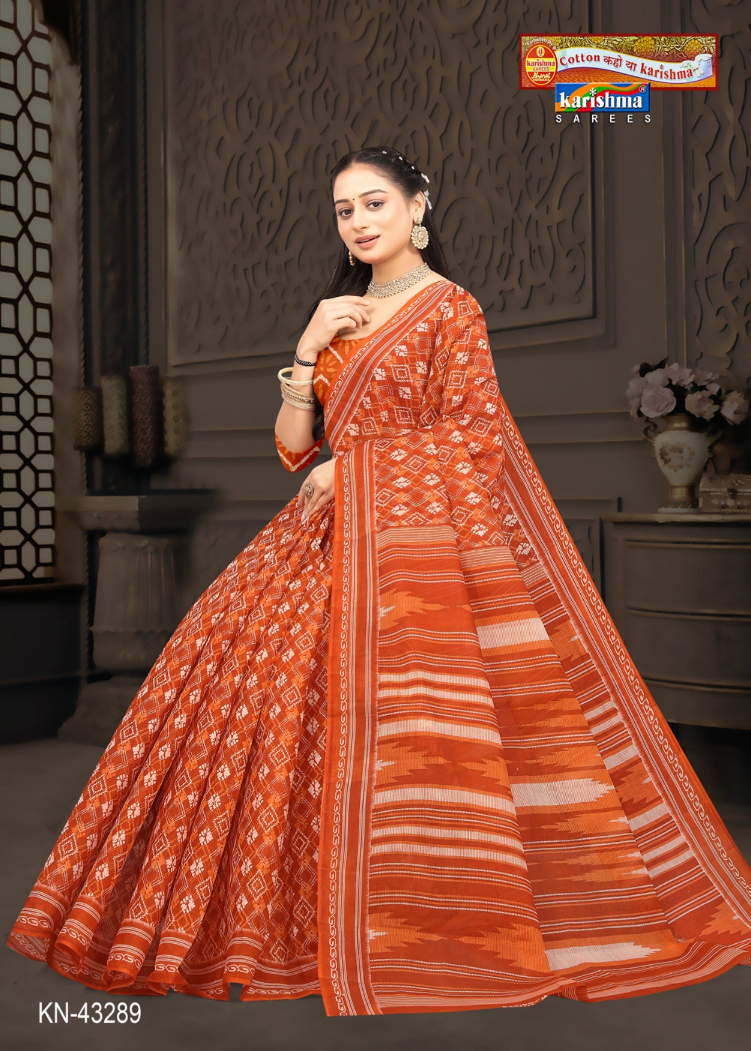 Orange Everyday Wear Handloom Style Printed Pure Cotton Saree