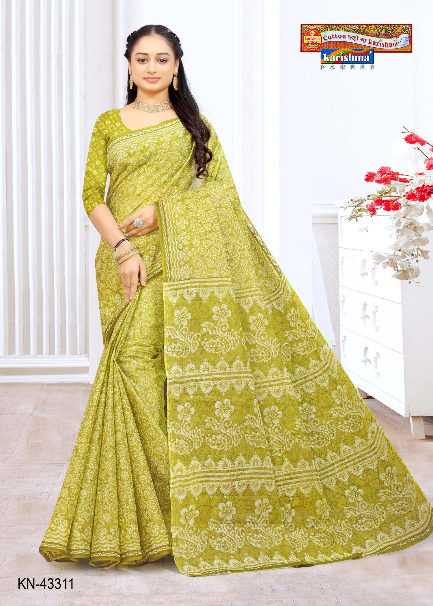 Olive Summer Special Batik Style Printed Pure Cotton Saree