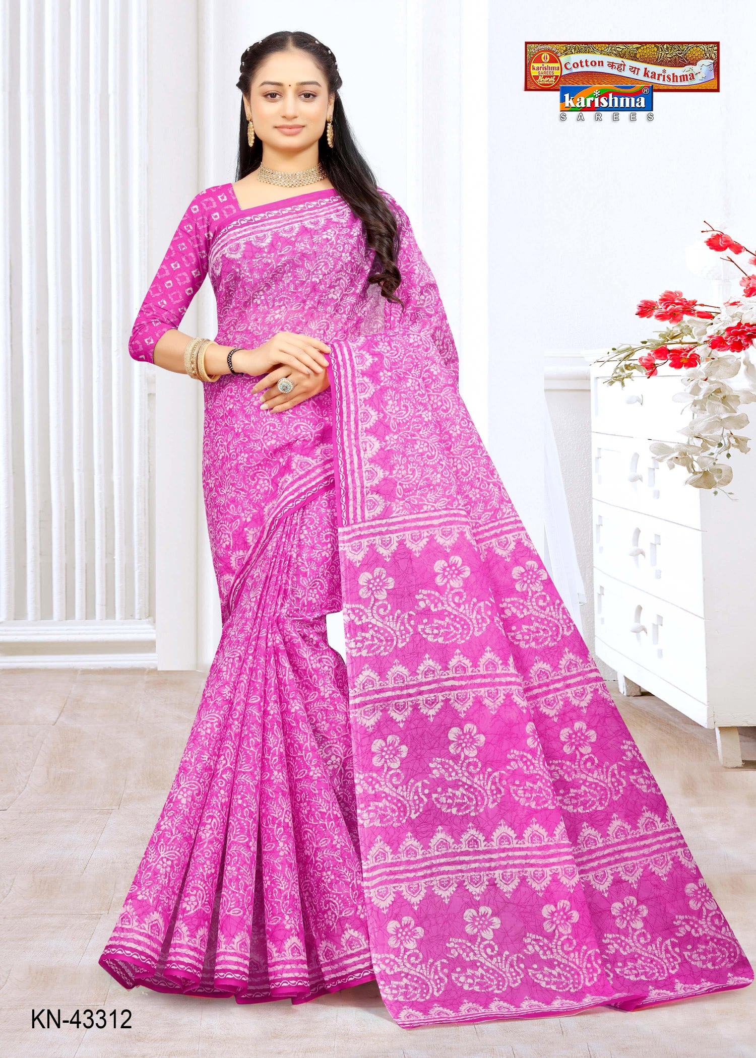 Pink Summer Special Batik Style Printed Pure Cotton Saree