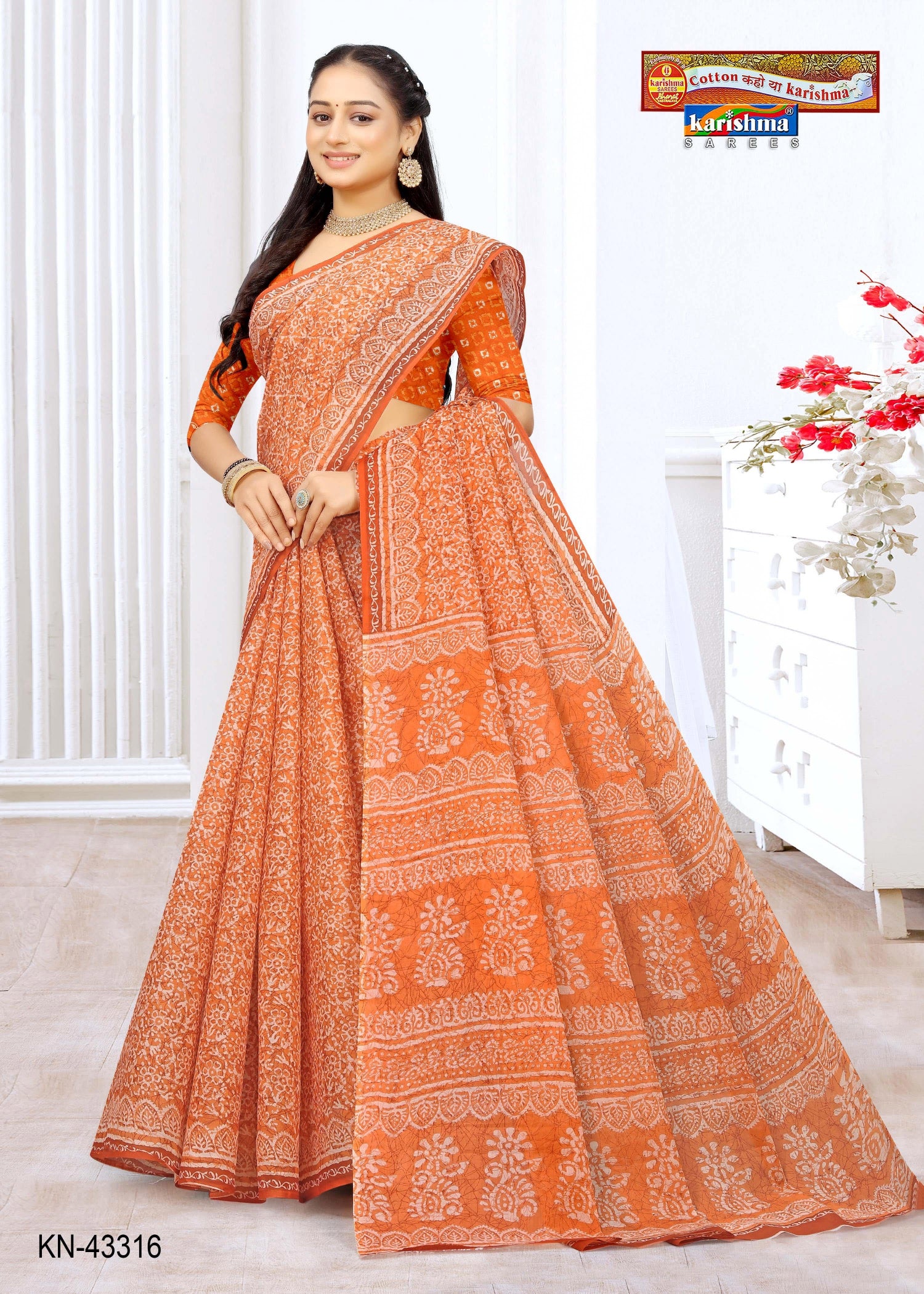 Orange Summer Special Batik Style Printed Pure Cotton Saree