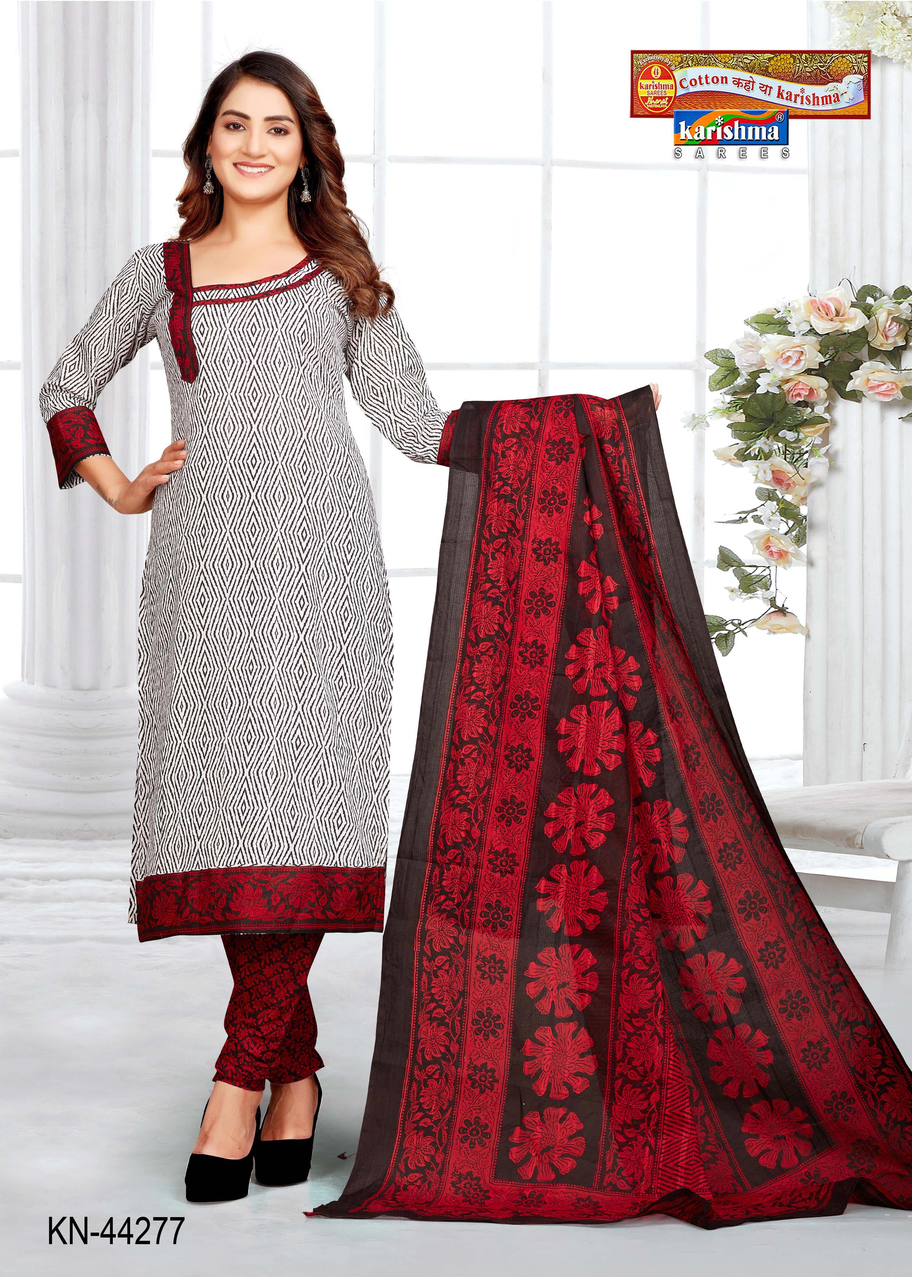 White And Maroon Pure Cotton Unstiched Dress Material With Modern Design