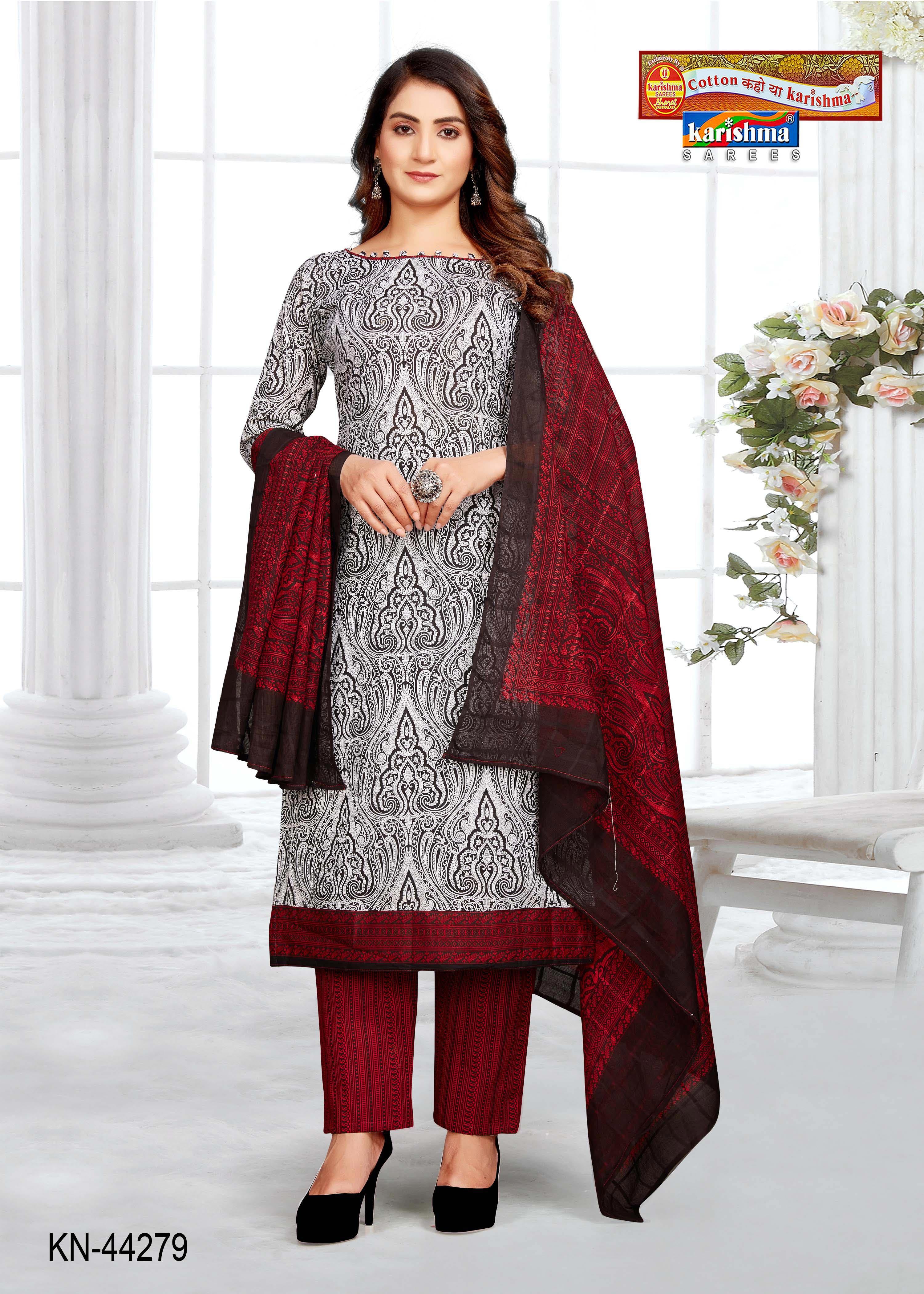 White And Maroon Pure Cotton Unstiched Dress Material With Modern Design