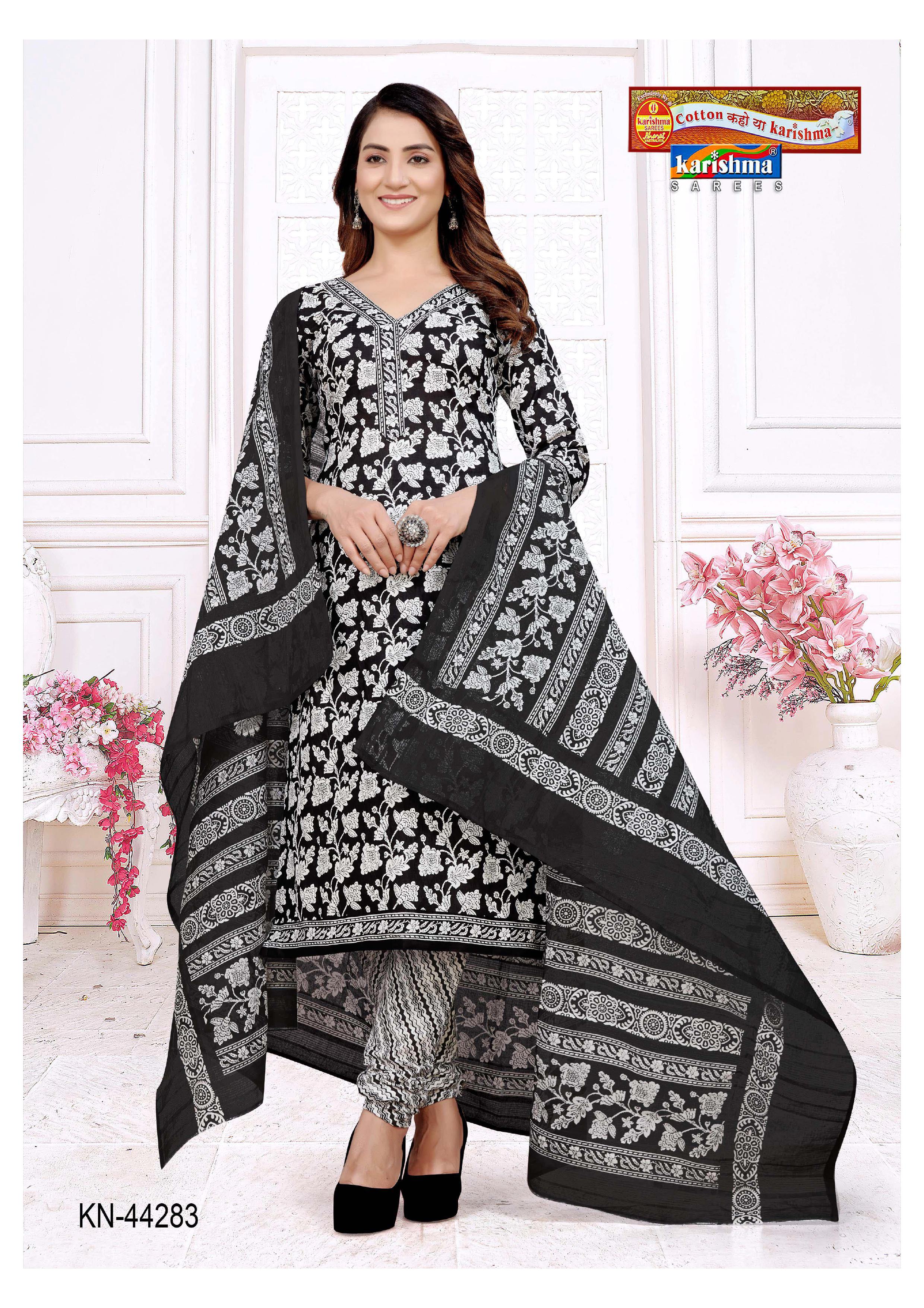 Black And White Classic Design Pure Cotton Unstiched Dress Material (Suit) With Dupatta.
