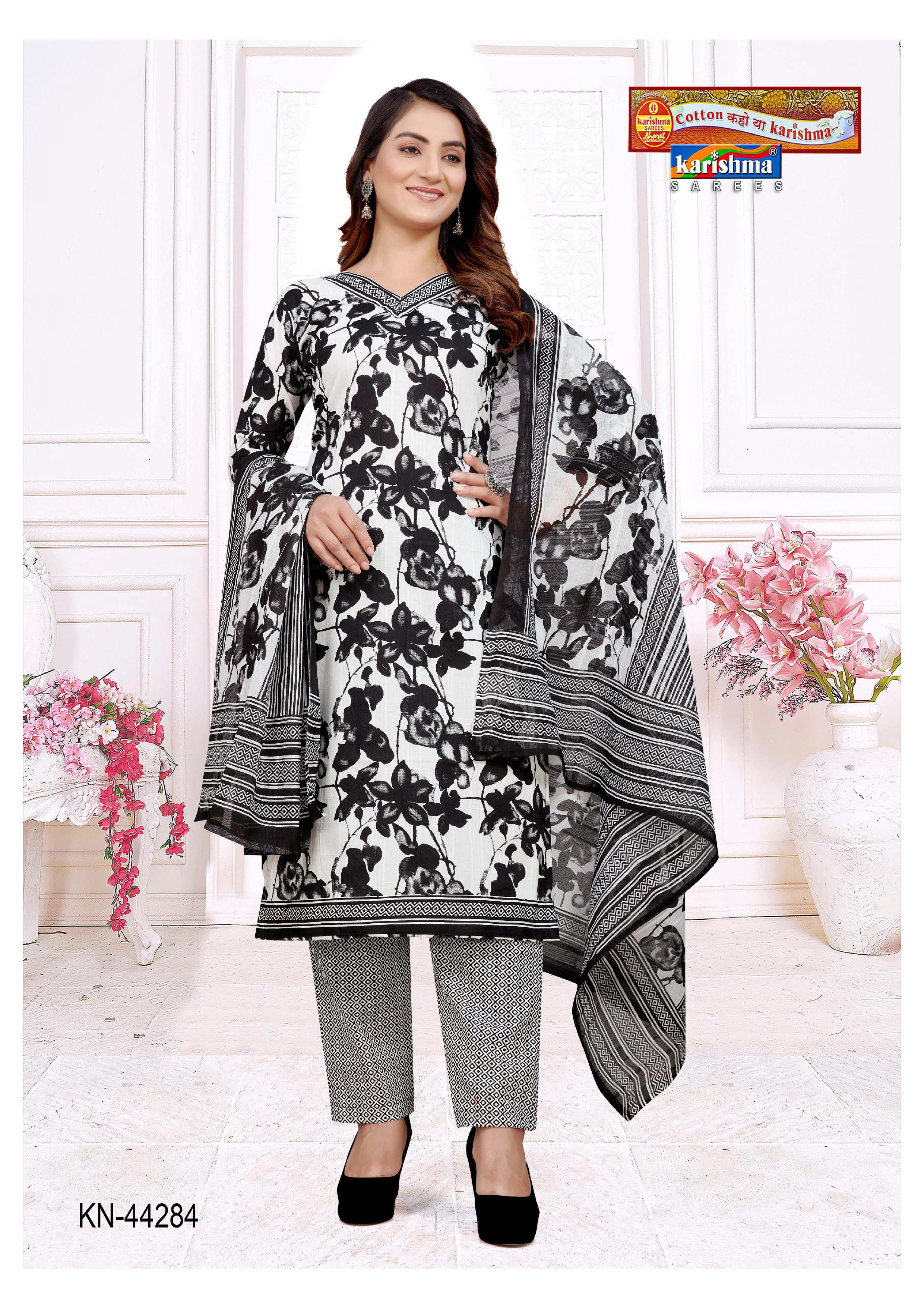 Black And White Classic Design Pure Cotton Unstiched Dress Material (Suit) With Dupatta.