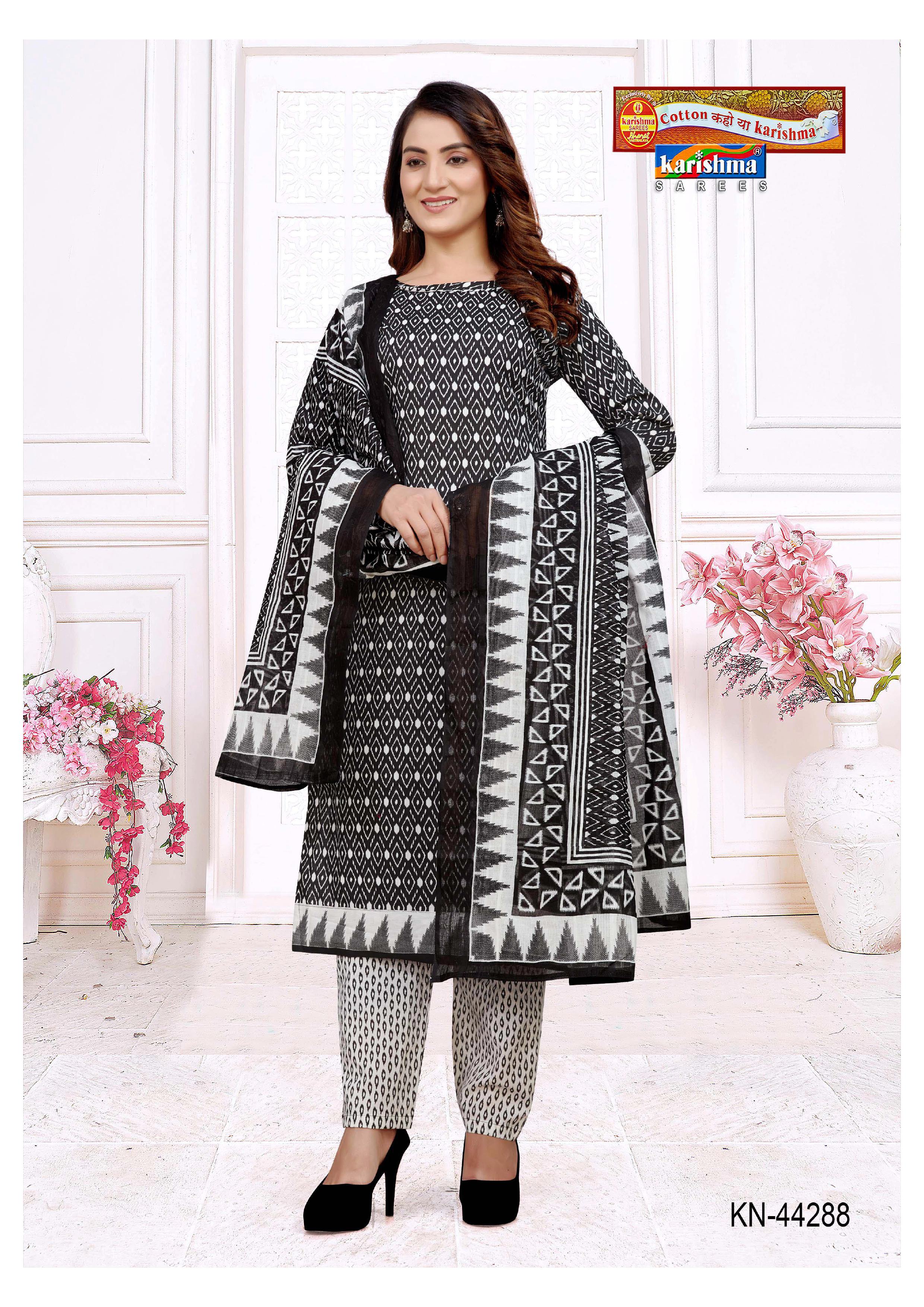 Black And White Classic Design Pure Cotton Unstiched Dress Material (Suit) With Dupatta.