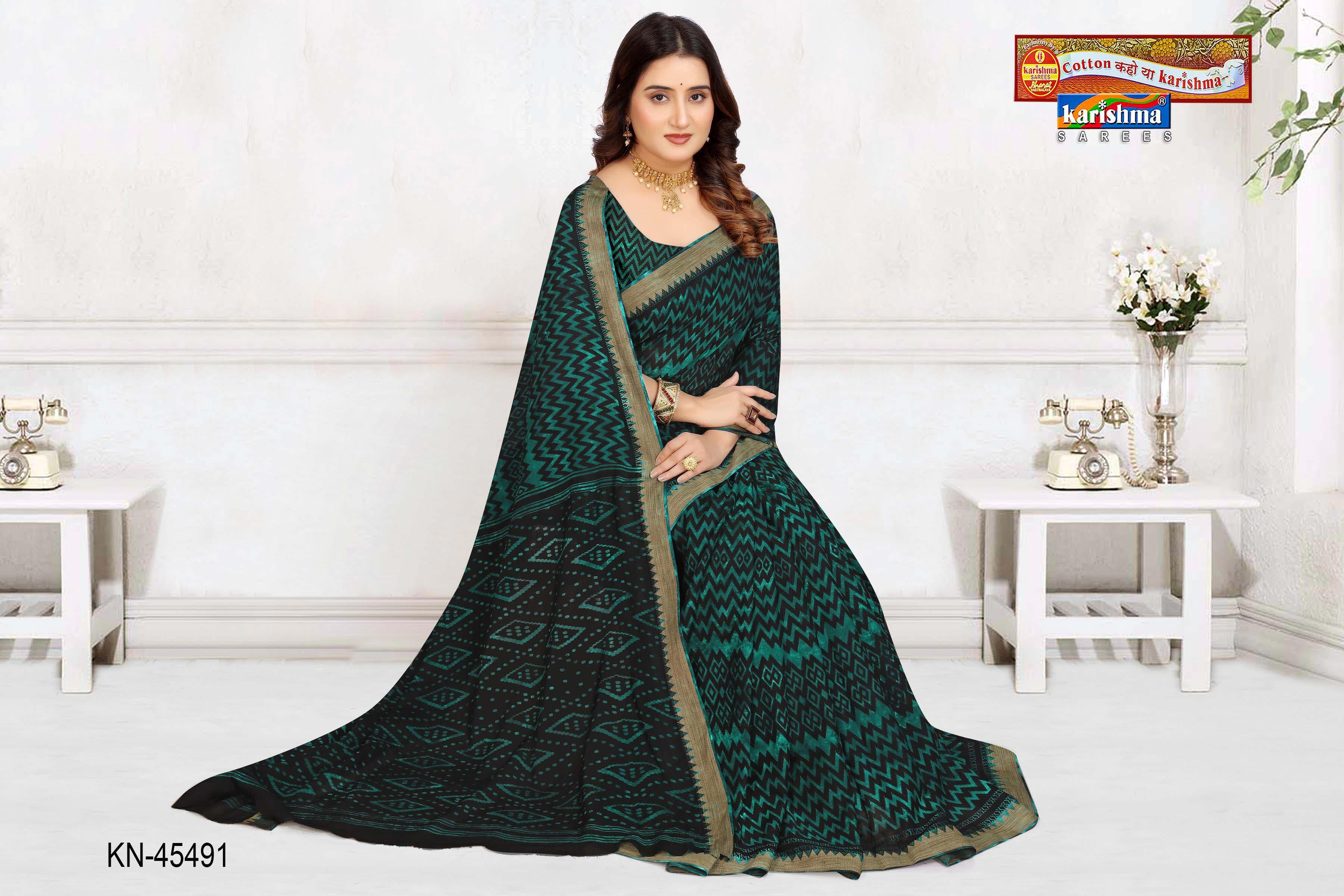 Green Pure Cotton Malai (Soft) Saree With Modern Print And Simple Border