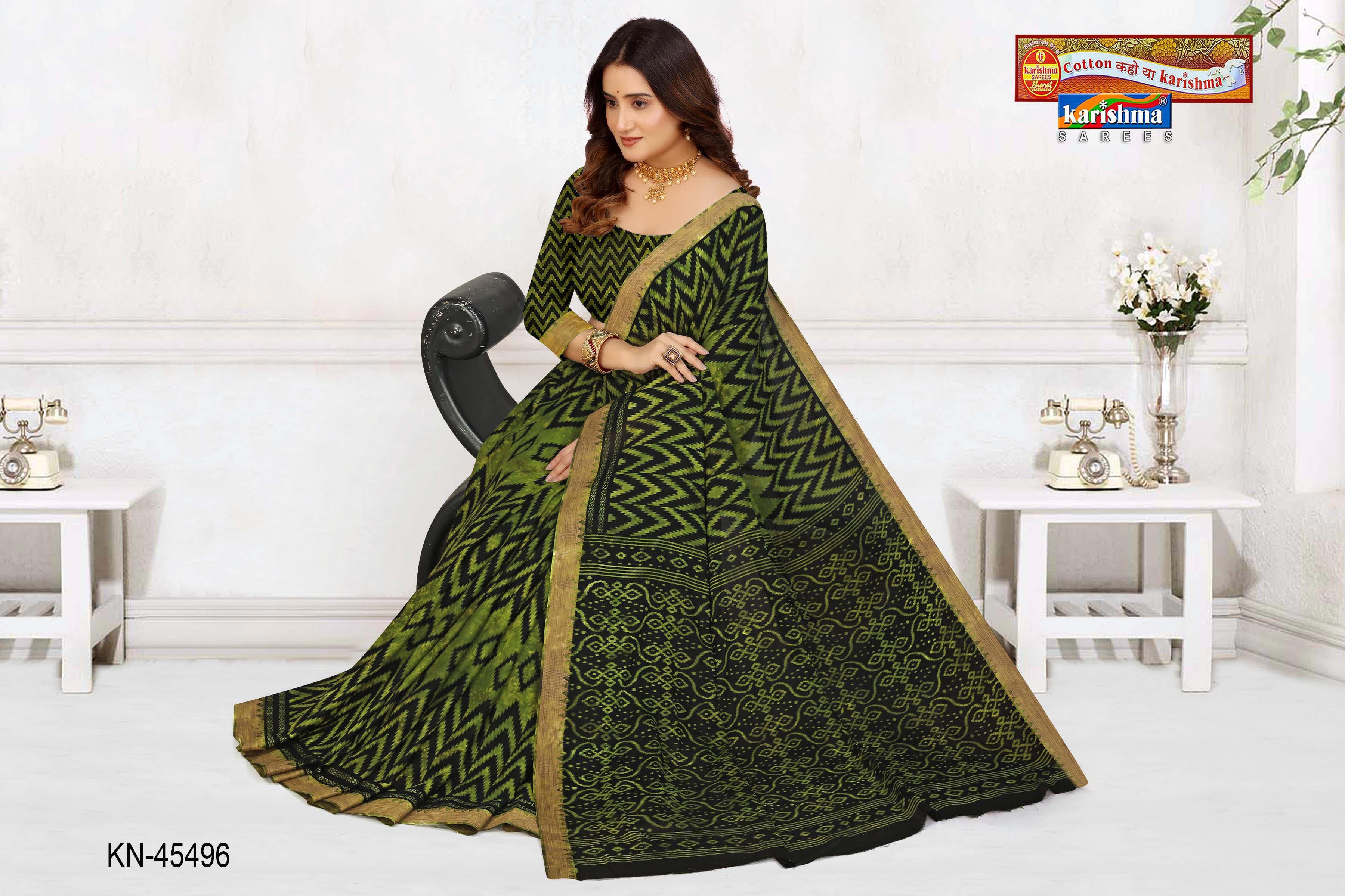 Olive Pure Cotton Malai (Soft) Saree With Modern Print And Simple Border