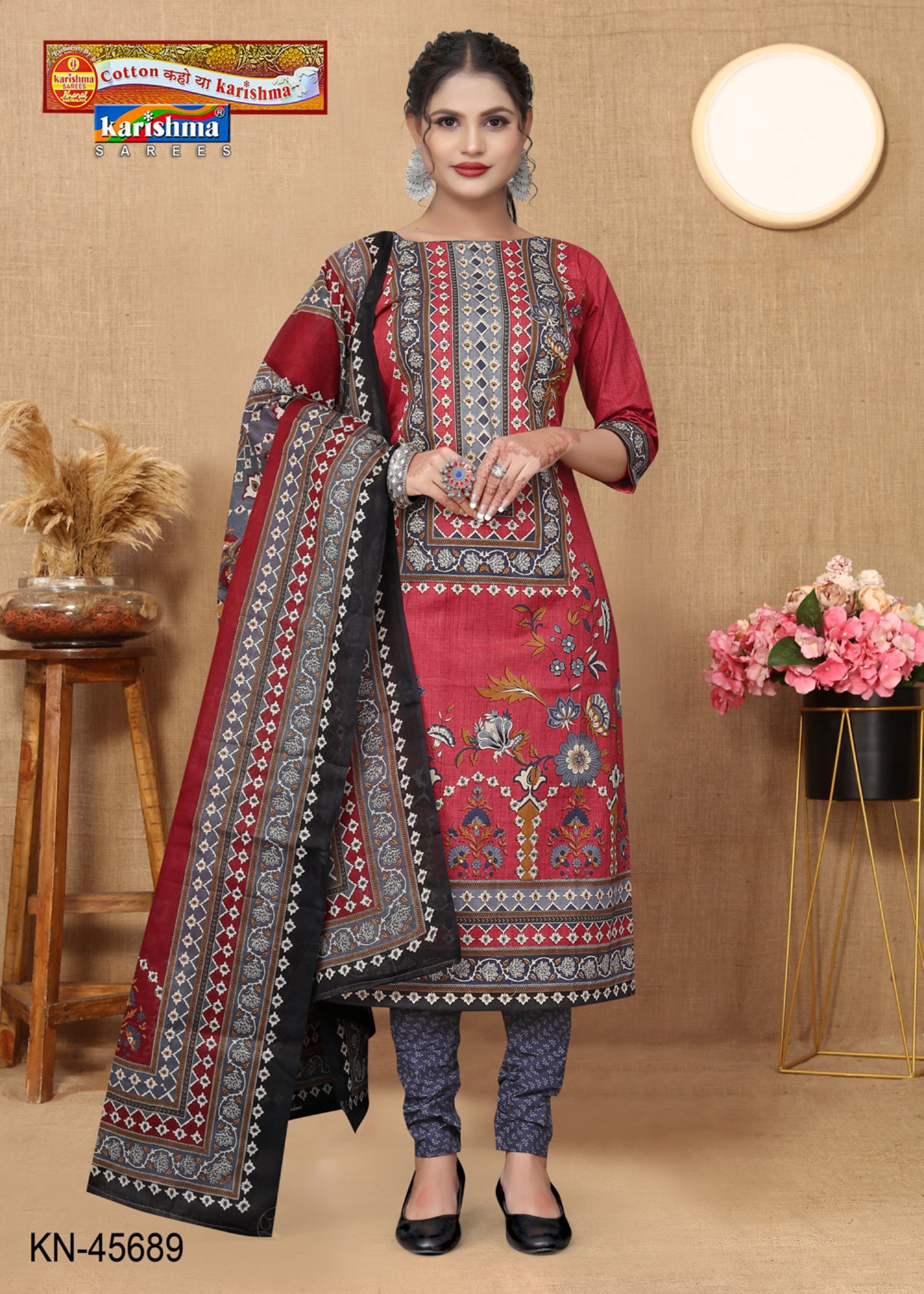 Red & Green Traditional Hand Block Printed Desigen Pure Mulmul Cotton Unstitched Dress Material Set