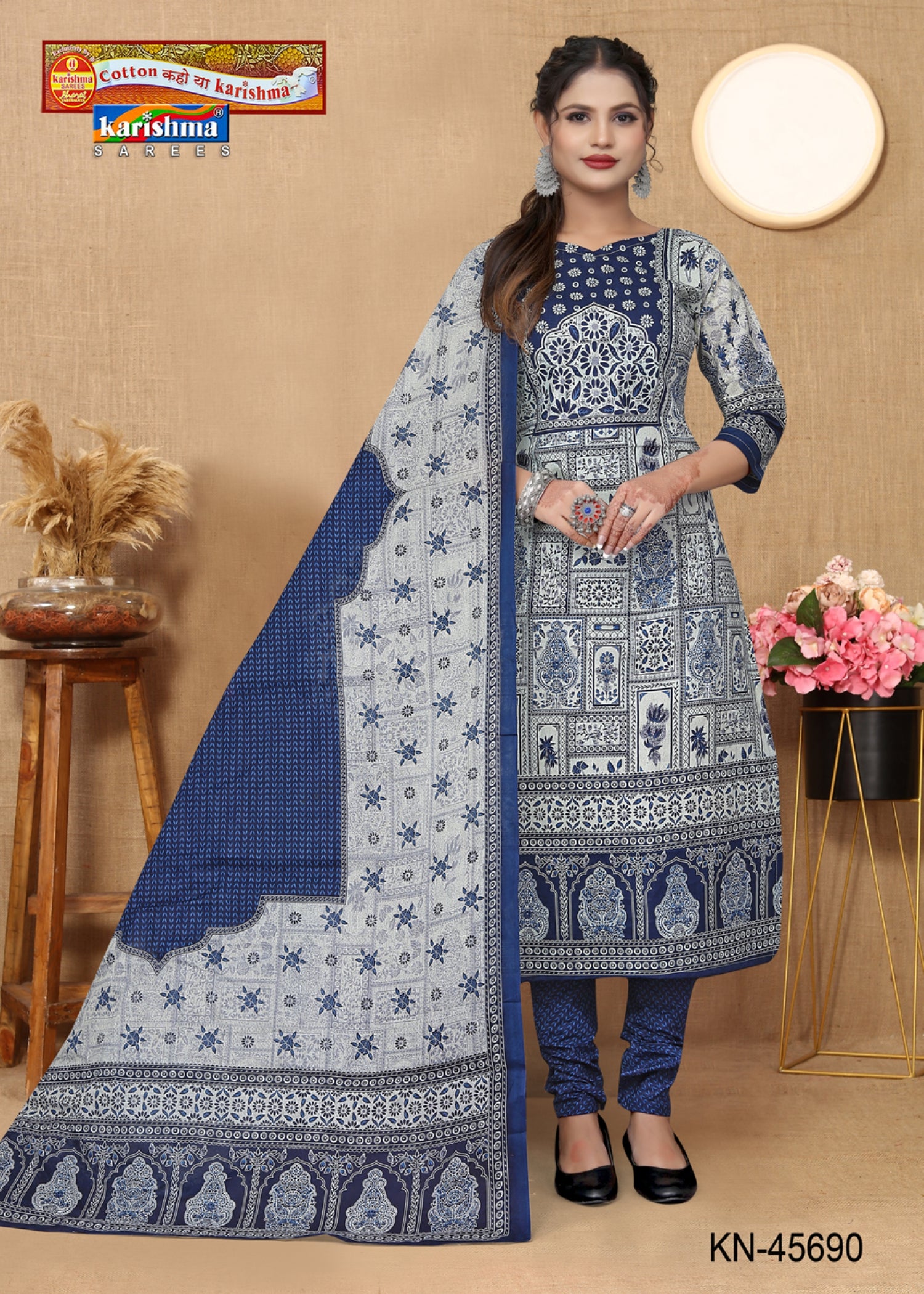 White & Blue Traditional Hand Block Printed Desigen Pure Mulmul Cotton Unstitched Dress Material Set