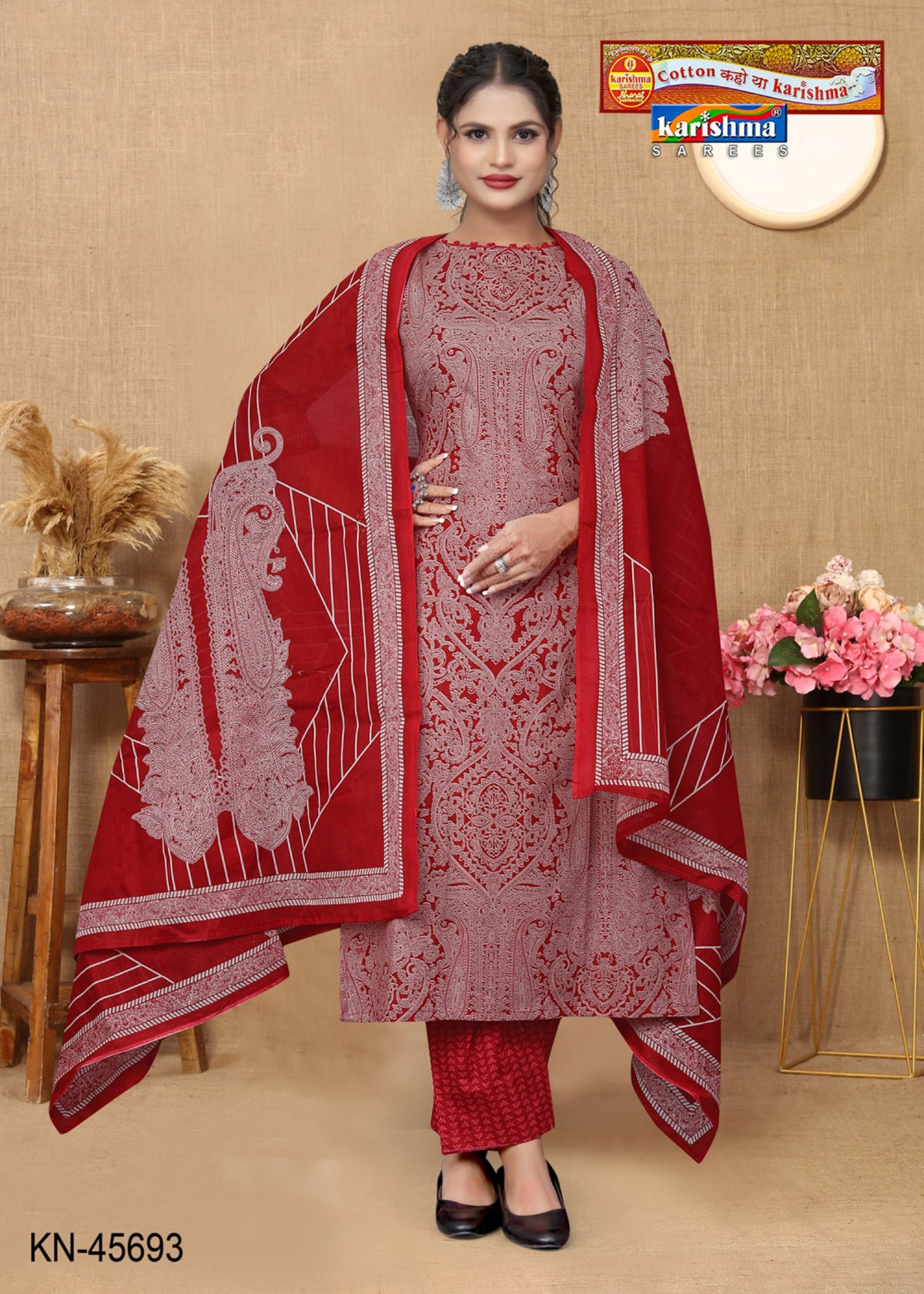 Red & White Traditional Hand Block Printed Desigen Pure Mulmul Cotton Unstitched Dress Material Set