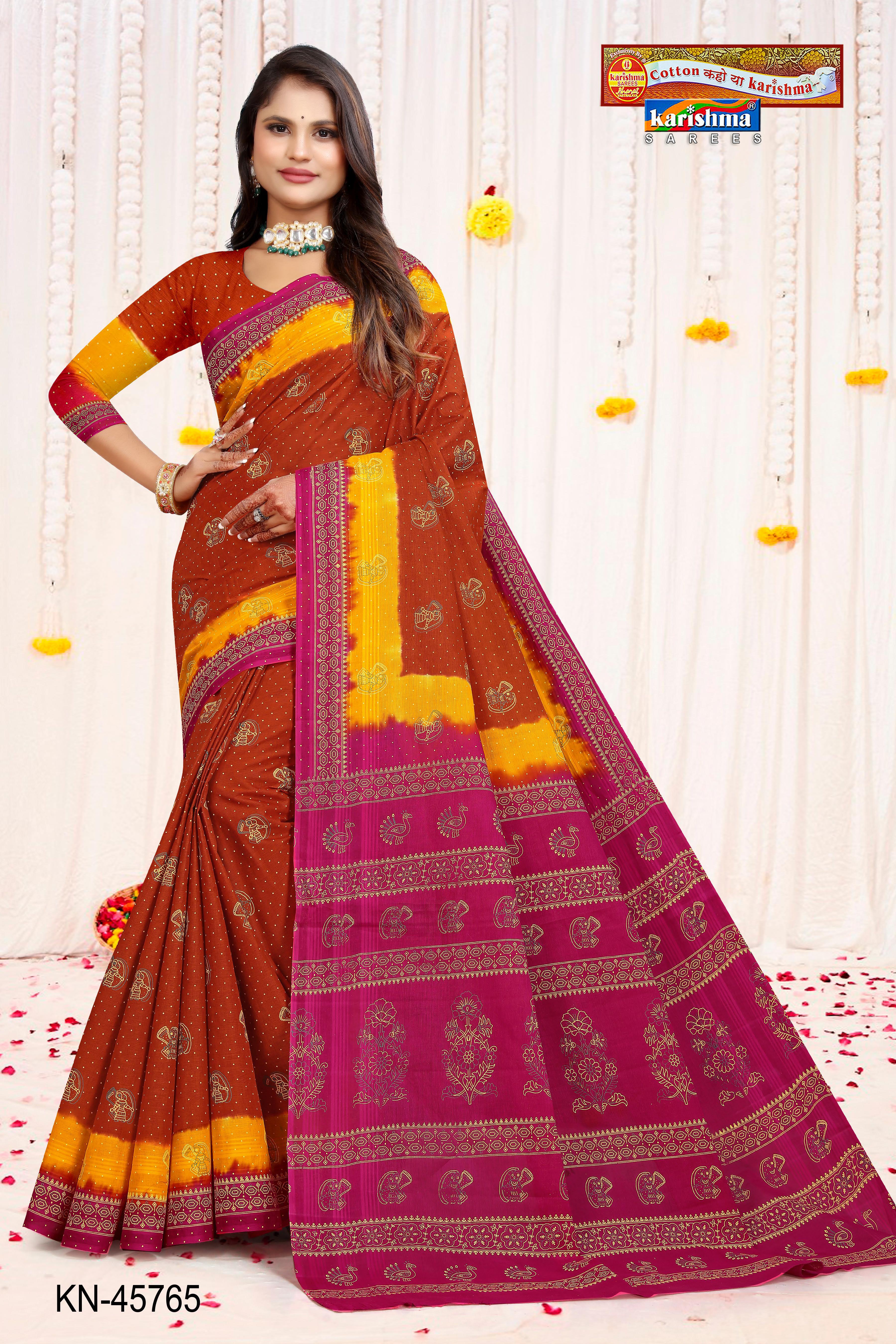 Rusty Orange Pure Cotton Mulmul (Medium Soft) Saree With Traditional Floral And Elephant Print