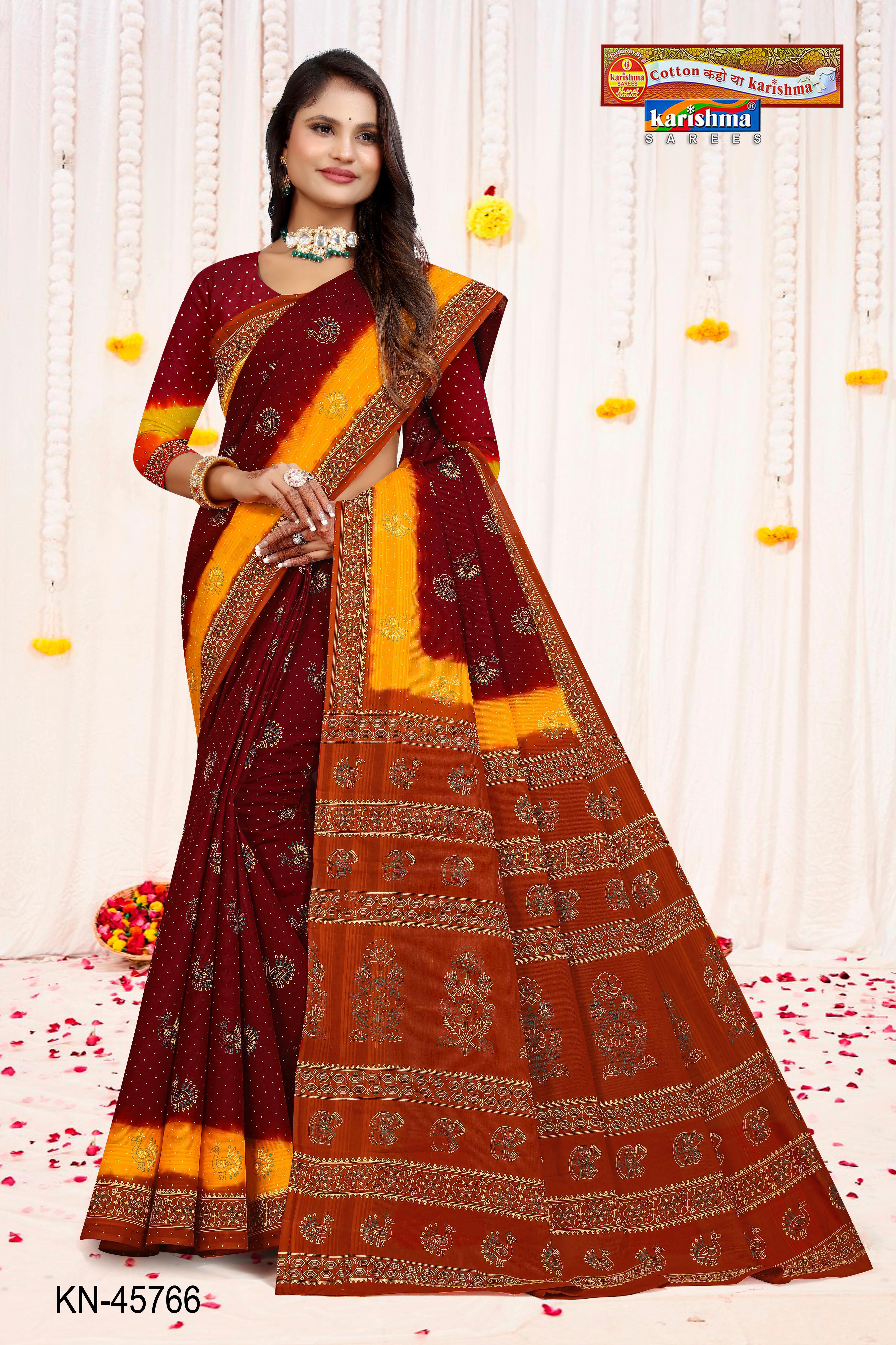 Maroon Pure Cotton Mulmul (Medium Soft) Saree With Traditional Floral And Elephant Print