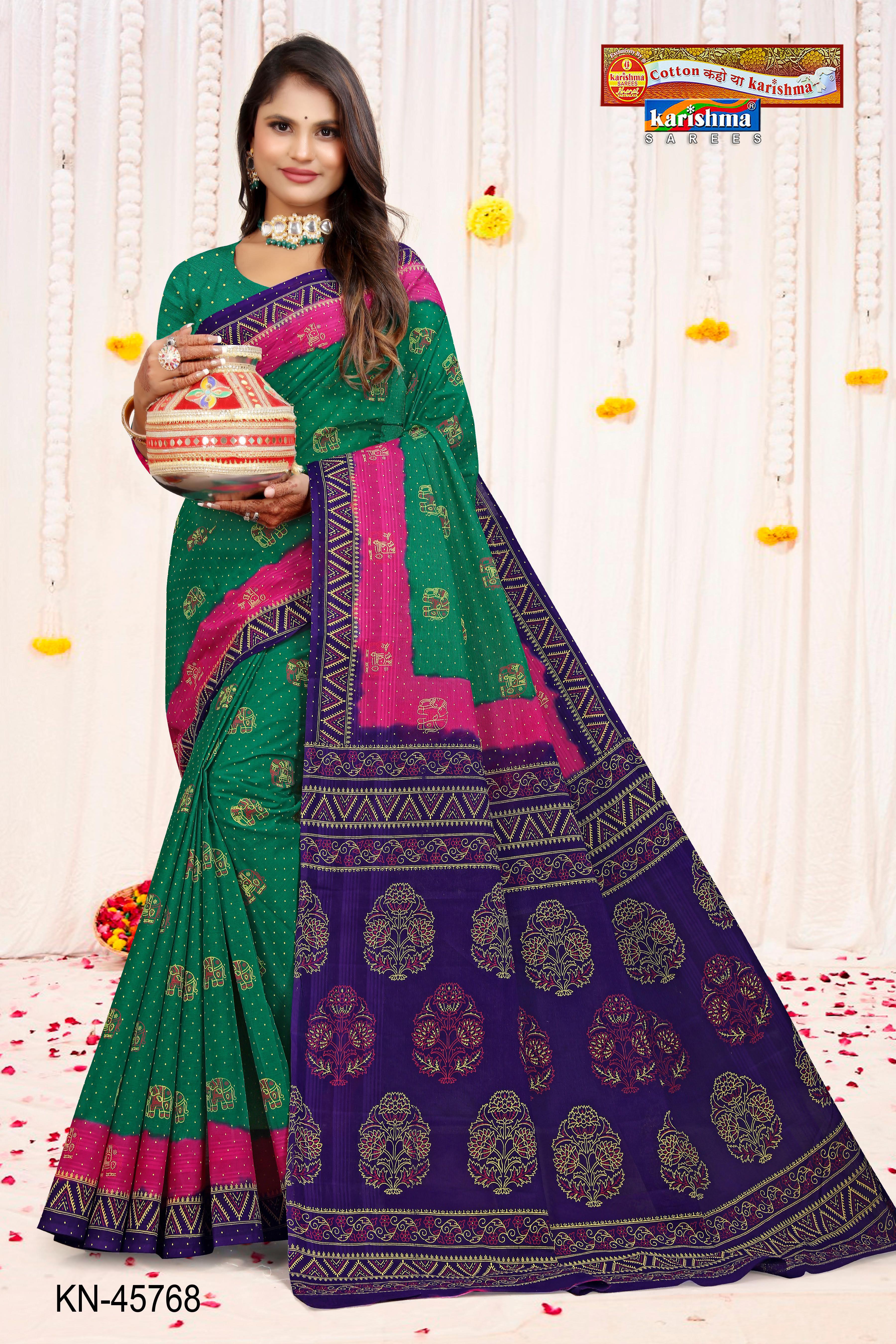 Green Pure Cotton Mulmul (Medium Soft) Saree With Traditional Floral And Elephant Print