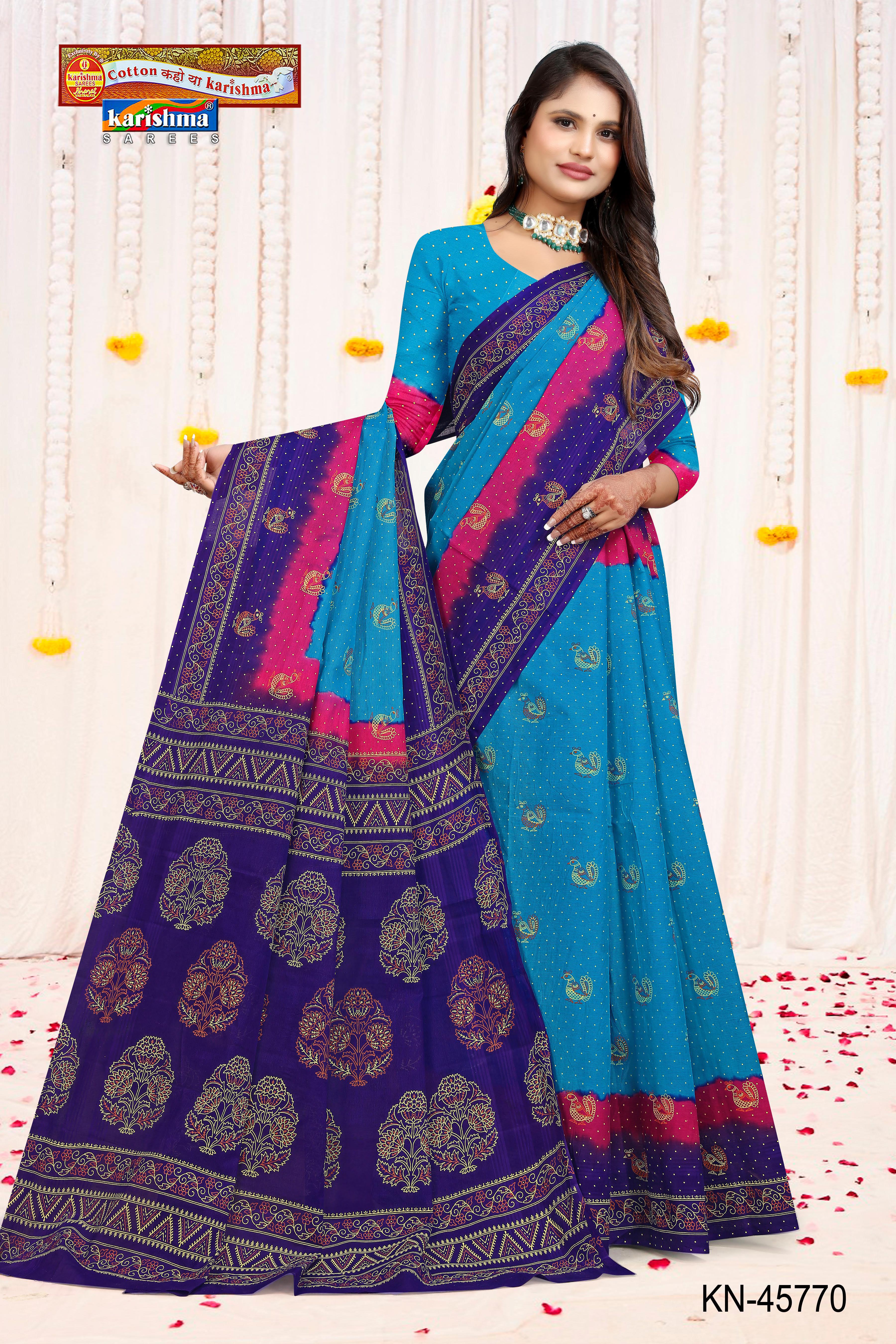 Blue Pure Cotton Mulmul (Medium Soft) Saree With Traditional Floral And Elephant Print