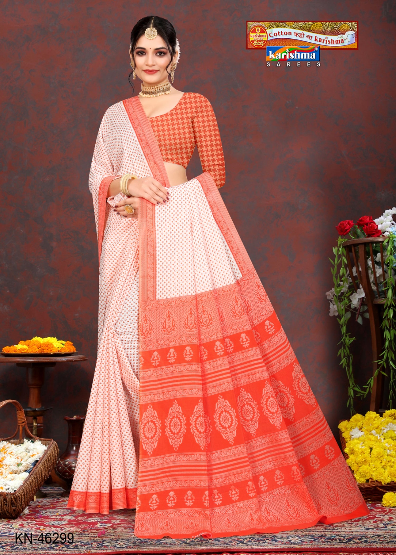 Dark Orange Pure Cotton Mulmul (Medium Soft) Saree With Elegant Small Butti