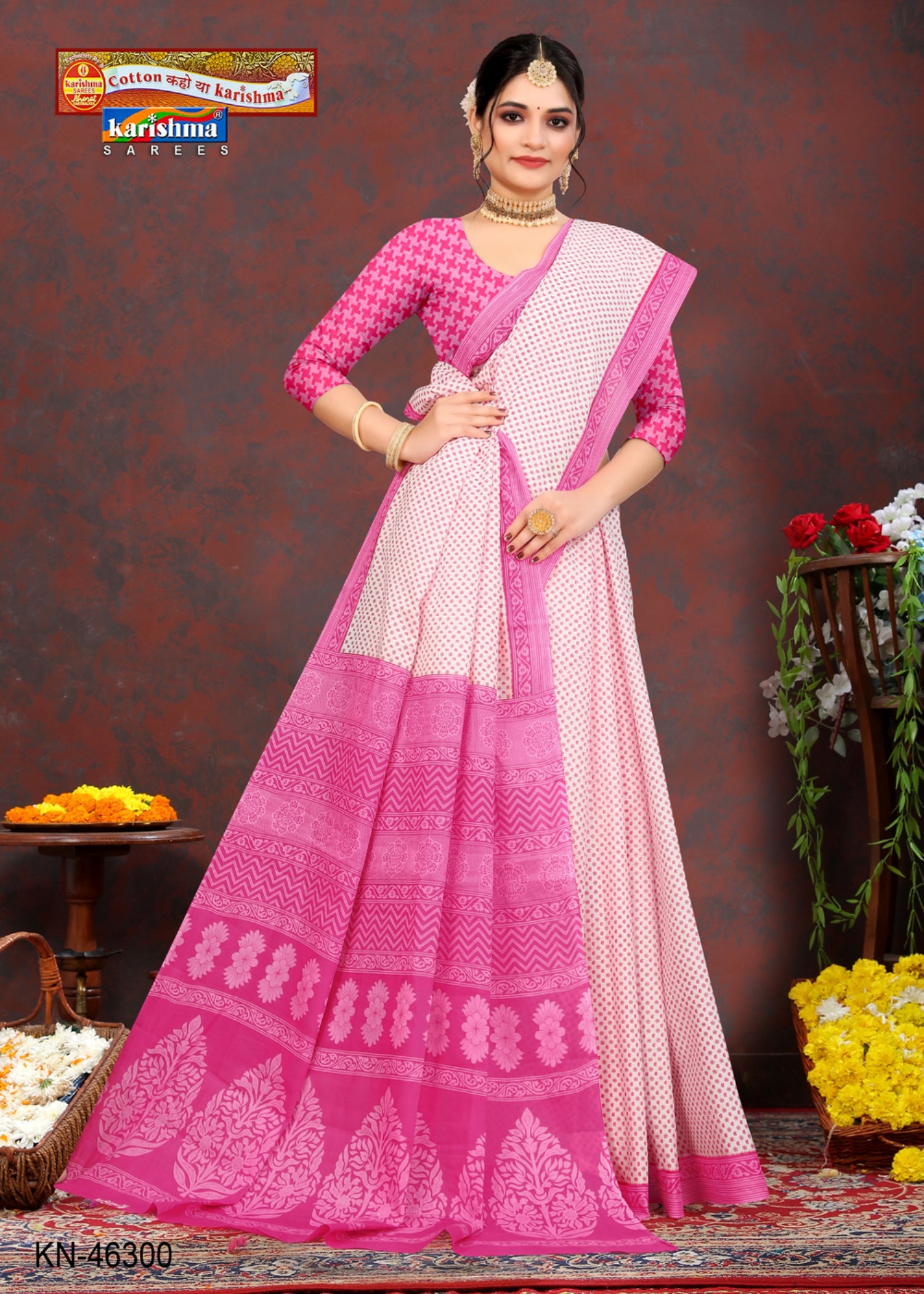 Dark Pink Pure Cotton Mulmul (Medium Soft) Saree With Elegant Small Butti