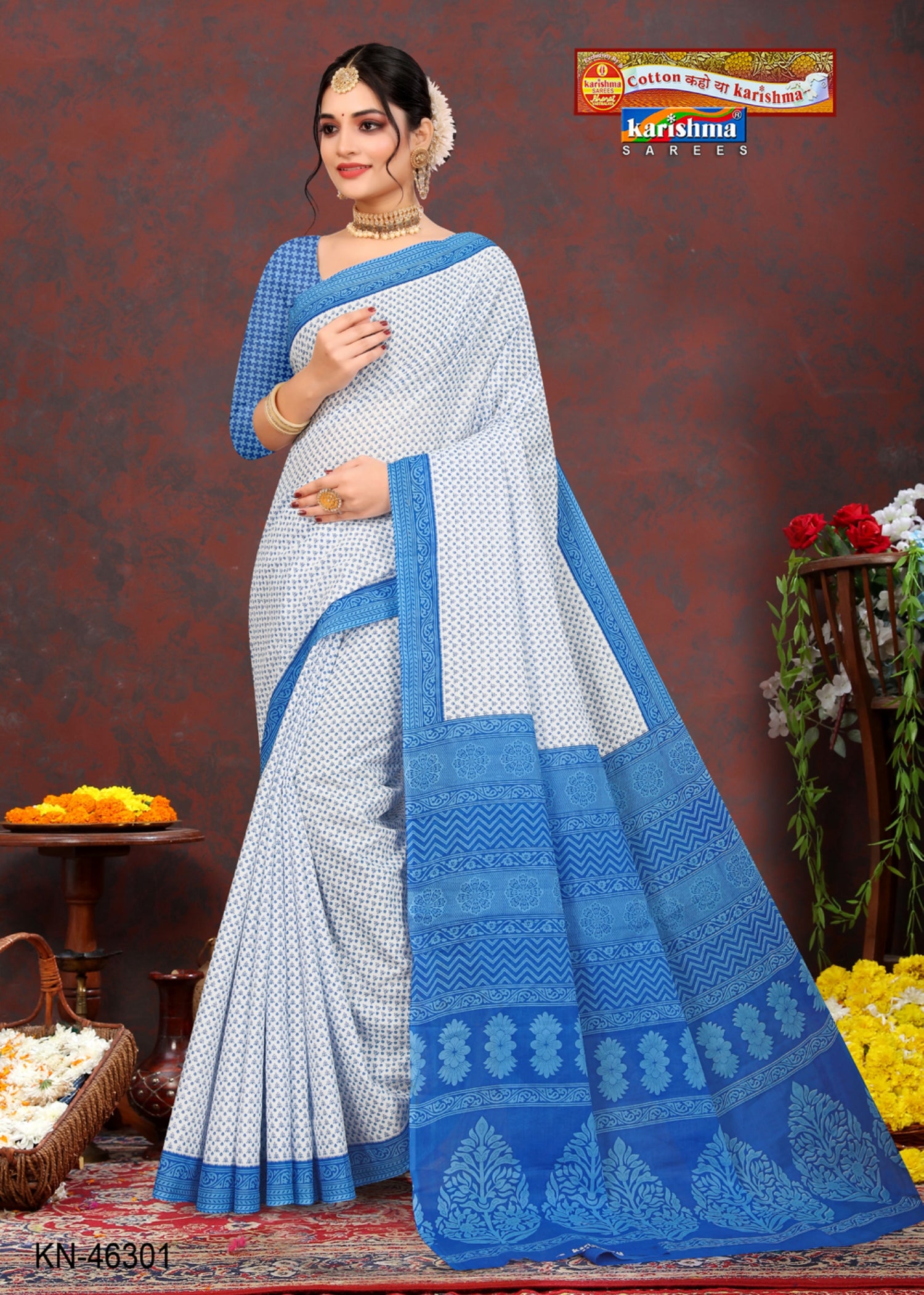 Dark Blue Pure Cotton Mulmul (Medium Soft) Saree With Elegant Small Butti