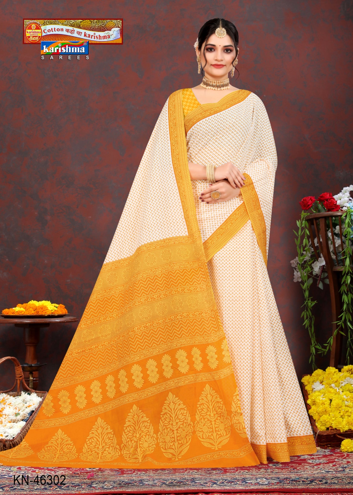Dark Yellow Pure Cotton Mulmul (Medium Soft) Saree With Elegant Small Butti