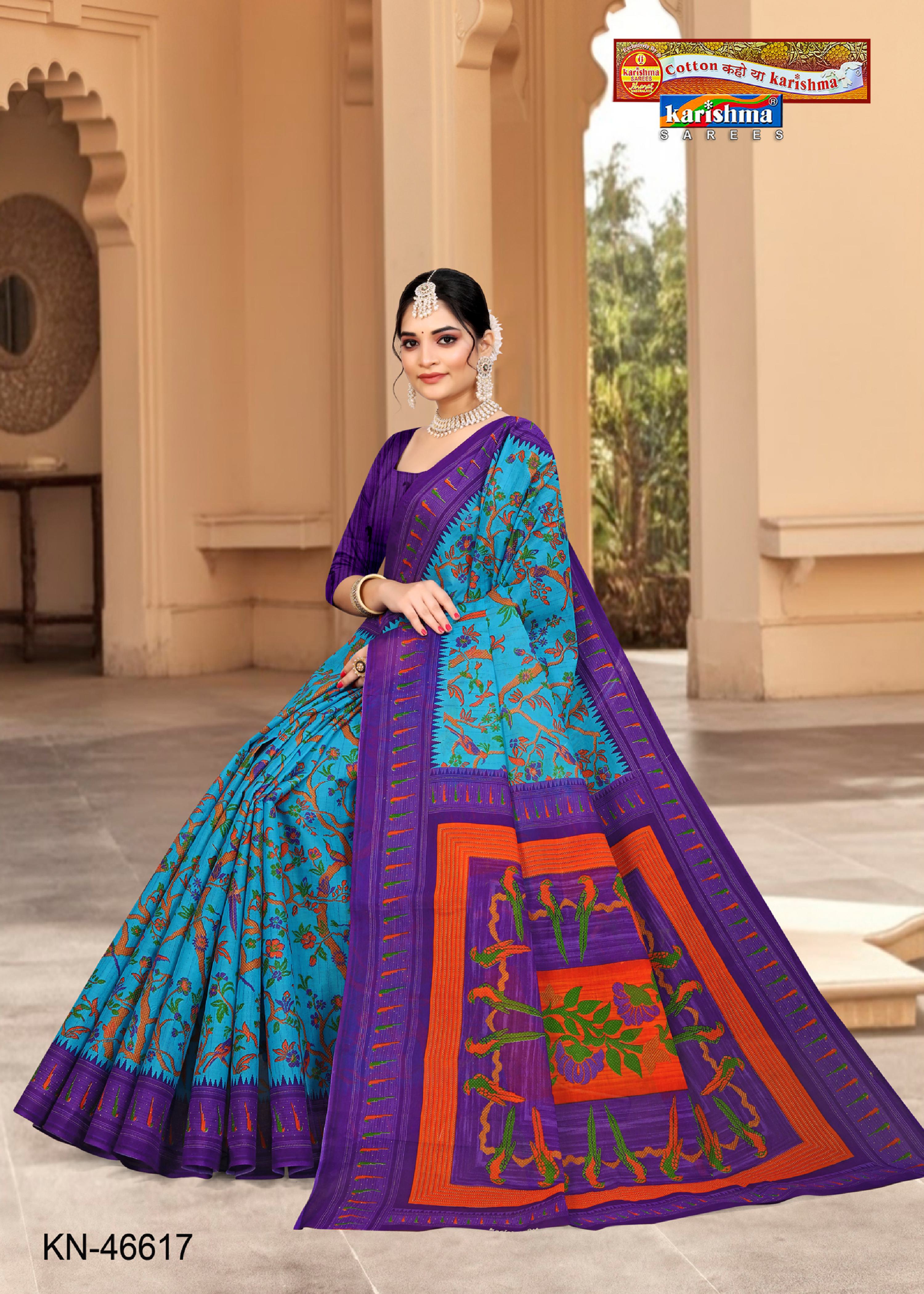 Sky Blue Pure Cotton Mulmul (Medium Soft) Saree With Beautiful Floral Design All Over And Parrot Print On Pallu