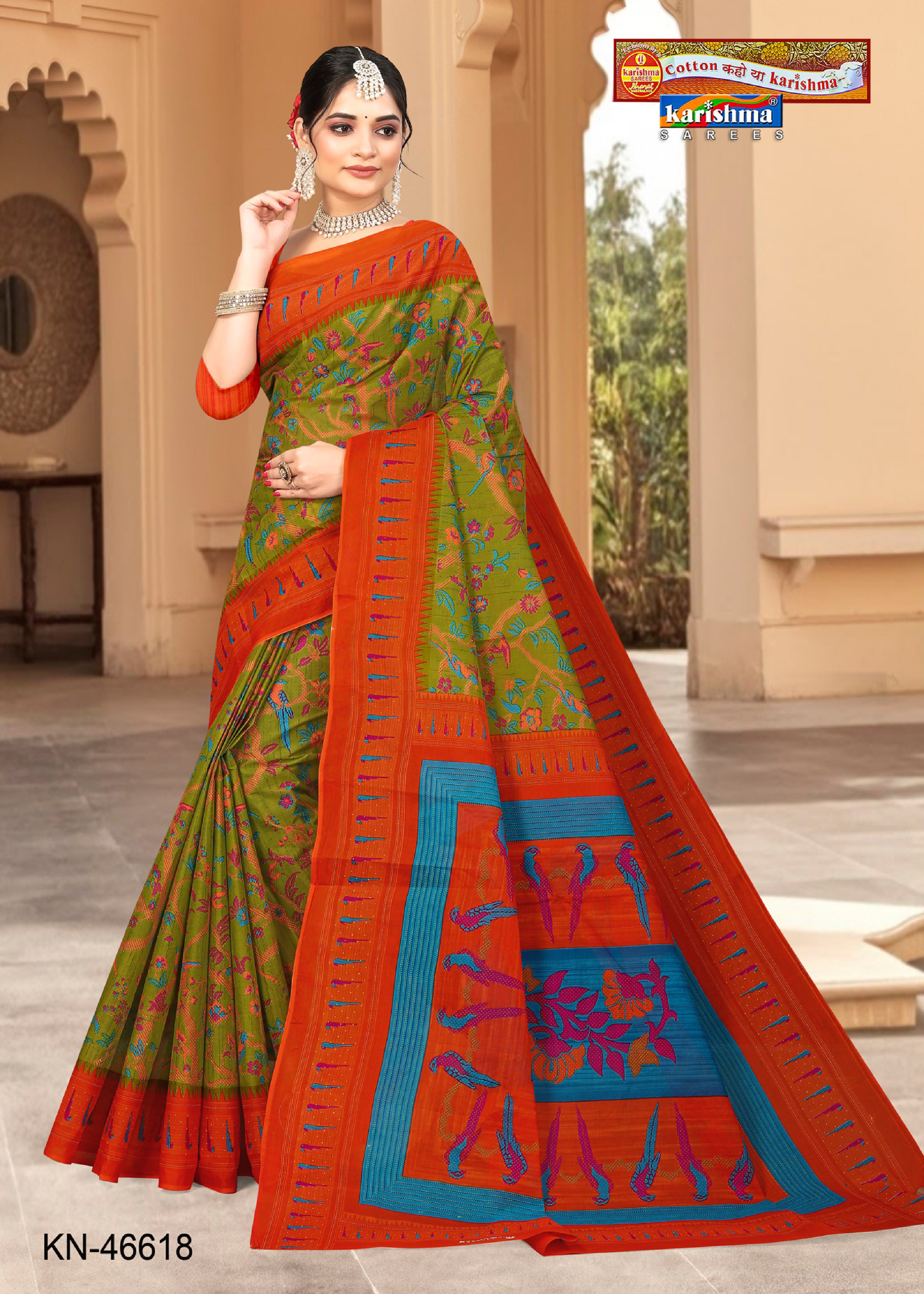 Olive Pure Cotton Mulmul (Medium Soft) Saree With Beautiful Floral Design All Over And Parrot Print On Pallu