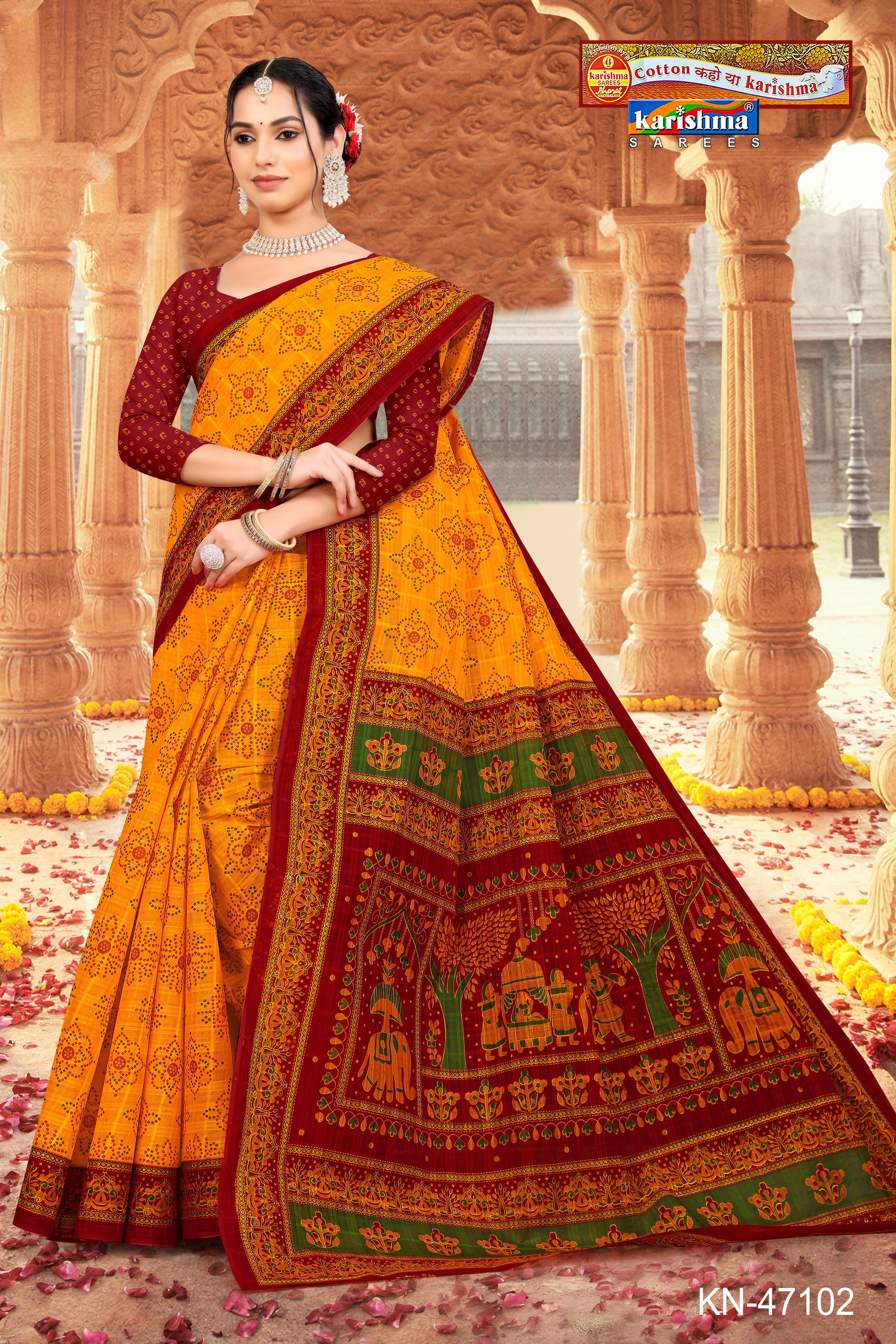 Yellow Traditional Yellow and Red Pure Cotton (mulmul) Saree with Intricate Bandhani/Bandhej Design