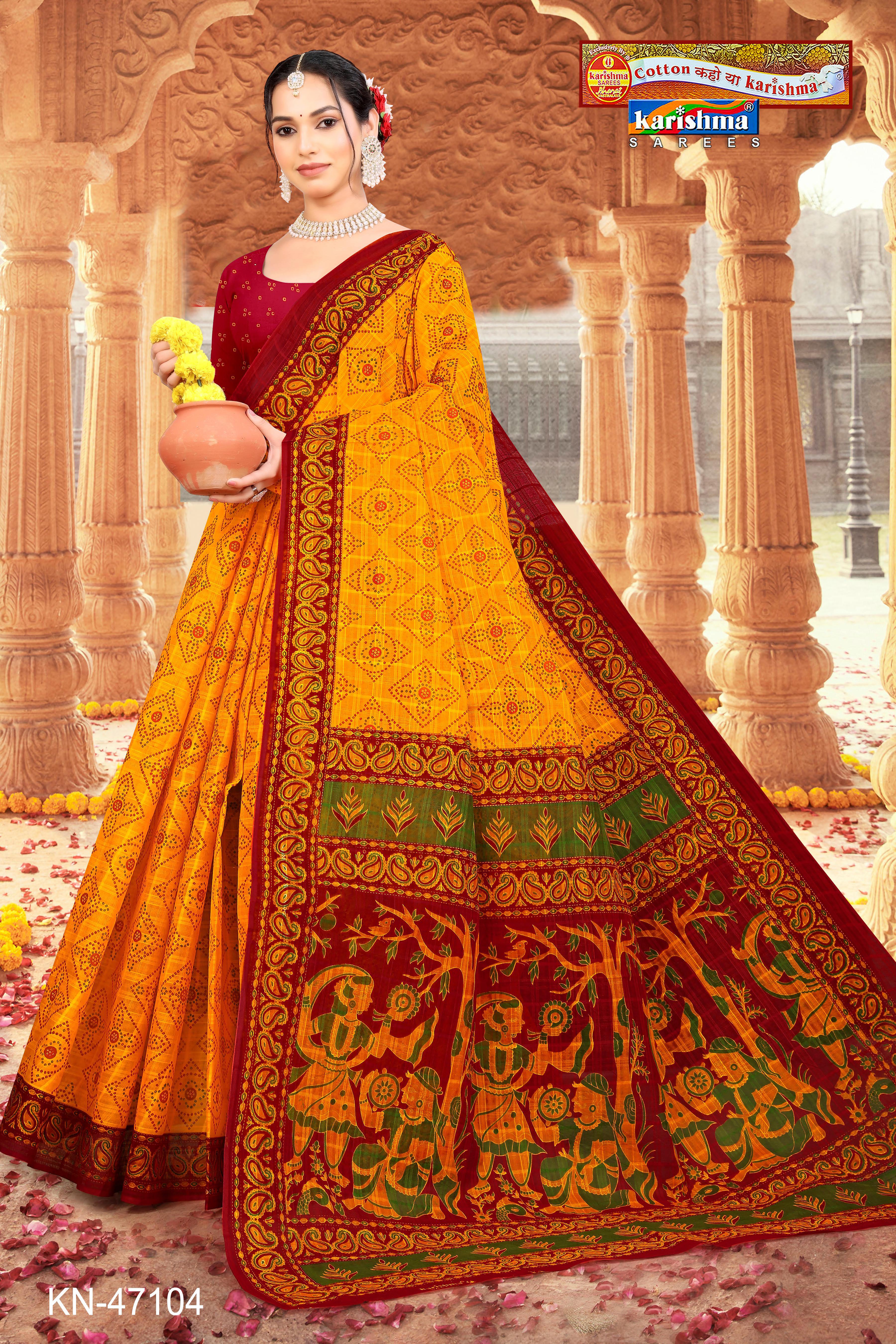 Yellow Traditional Yellow and Red Pure Cotton (mulmul) Saree with Intricate Bandhani/Bandhej Design