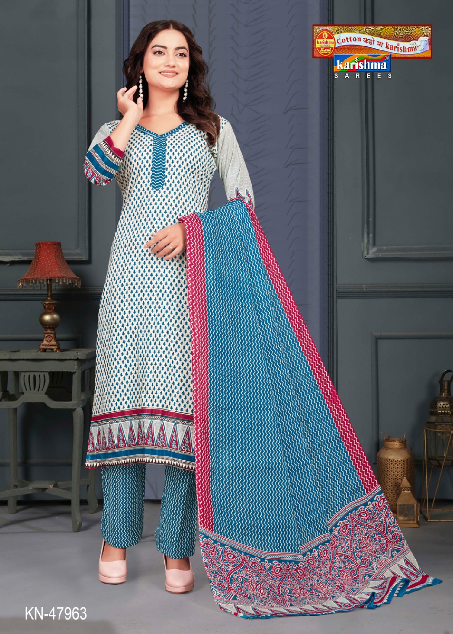 Teal Pure Cotton Modern Design Unstiched Dress Material (Suit) With Dupatta