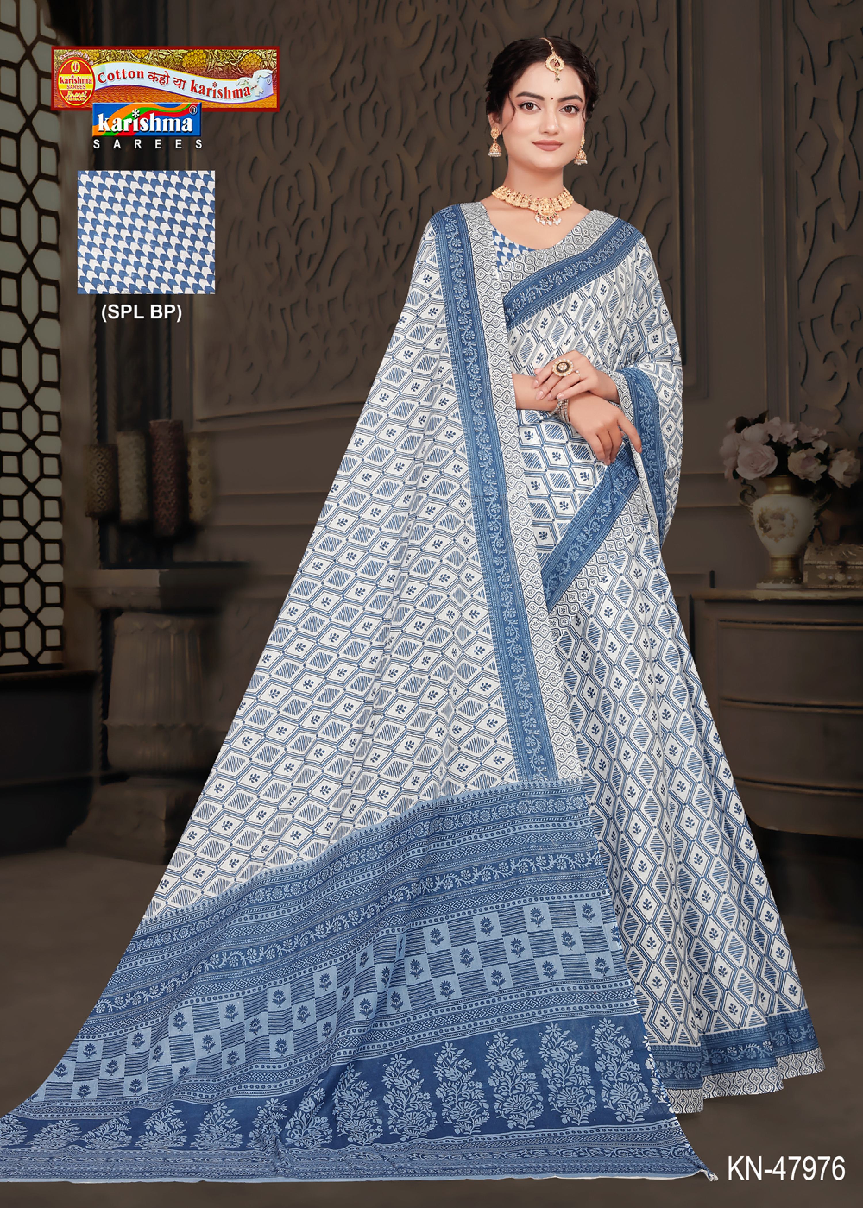 Blue White Pure Cotton Malai (Soft) Saree With Simple Print And Elegant Look